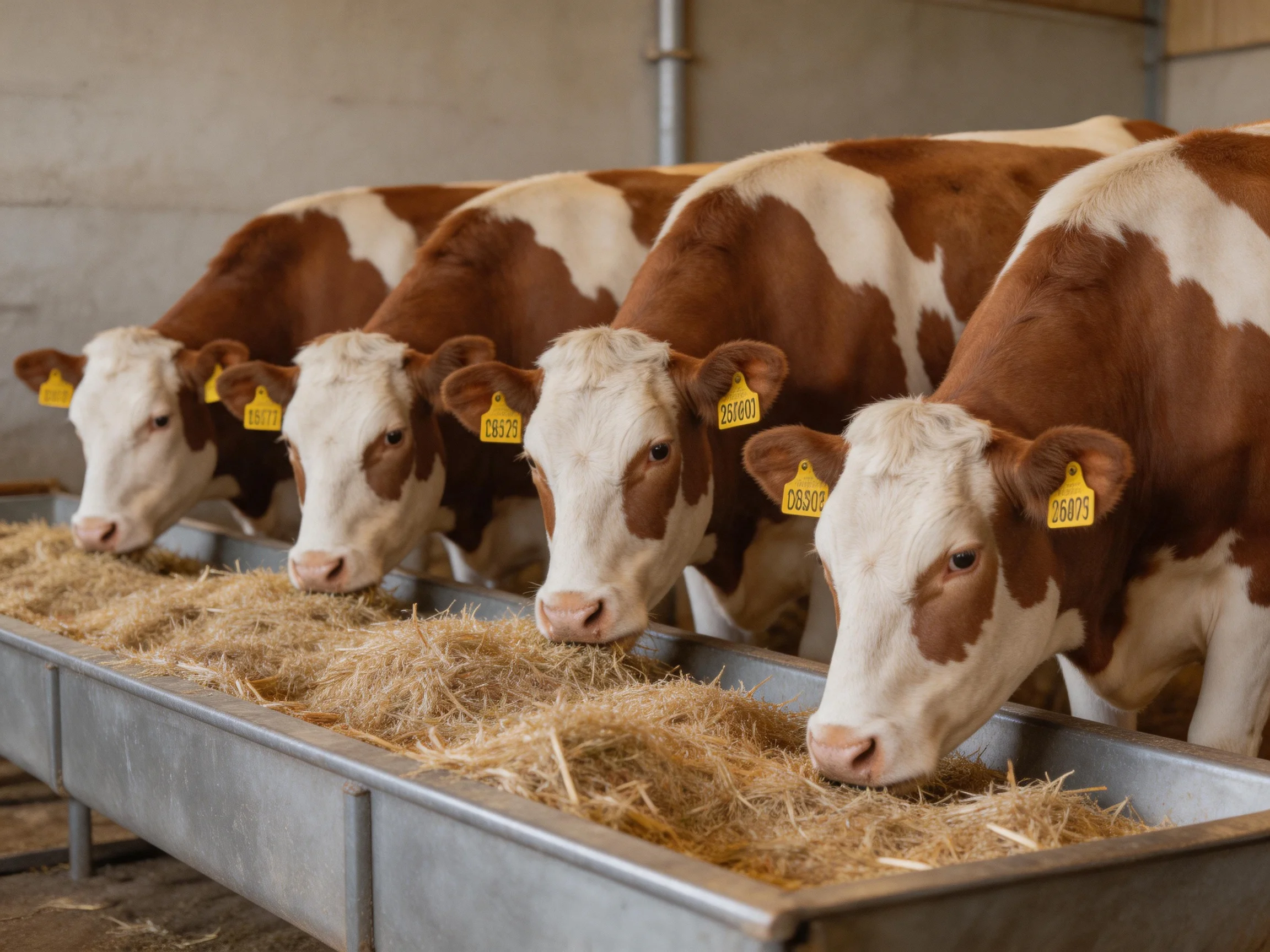 Five brown-and-white cows feeding from metal troughs in a barn