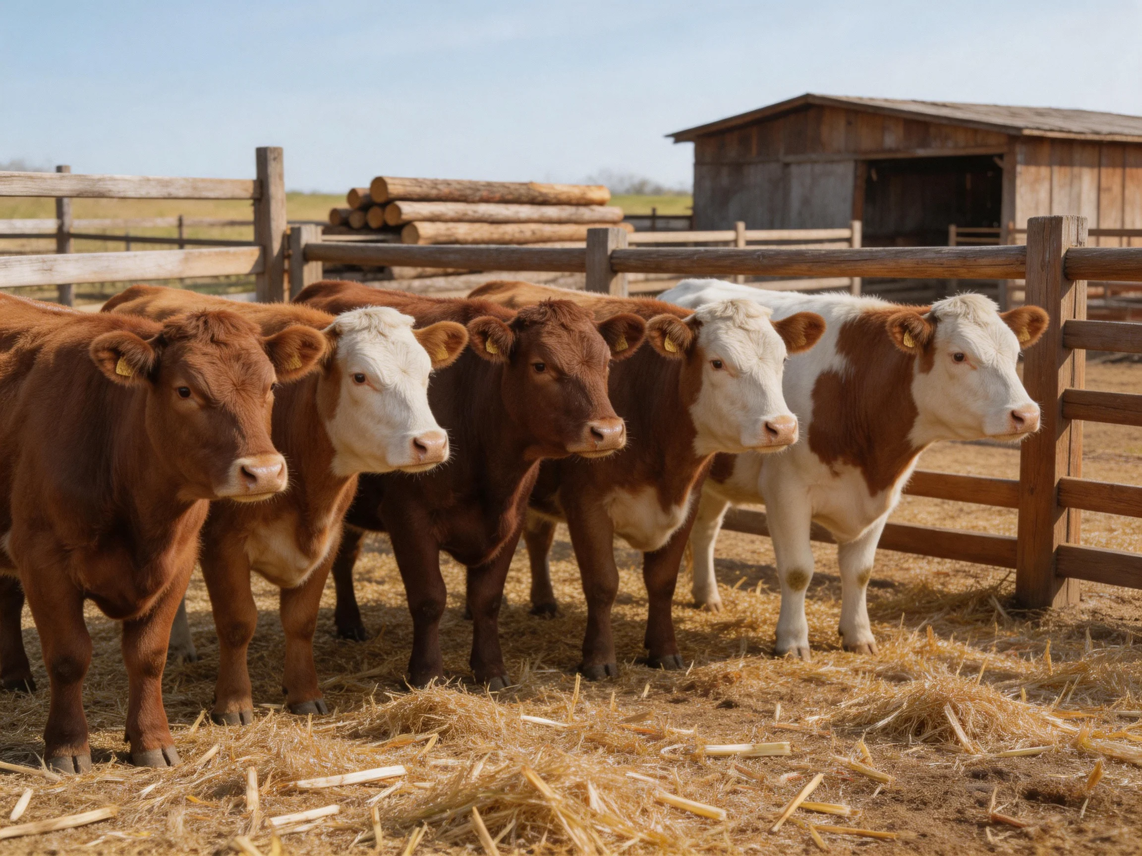 Five brown and white cows gather near a wooden farm fence