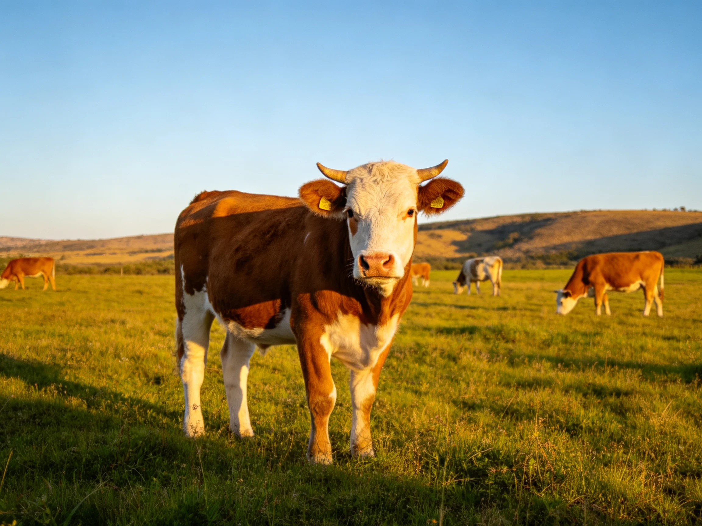Five brown-and-white cows graze in a sunlit green pasture with rolling hills