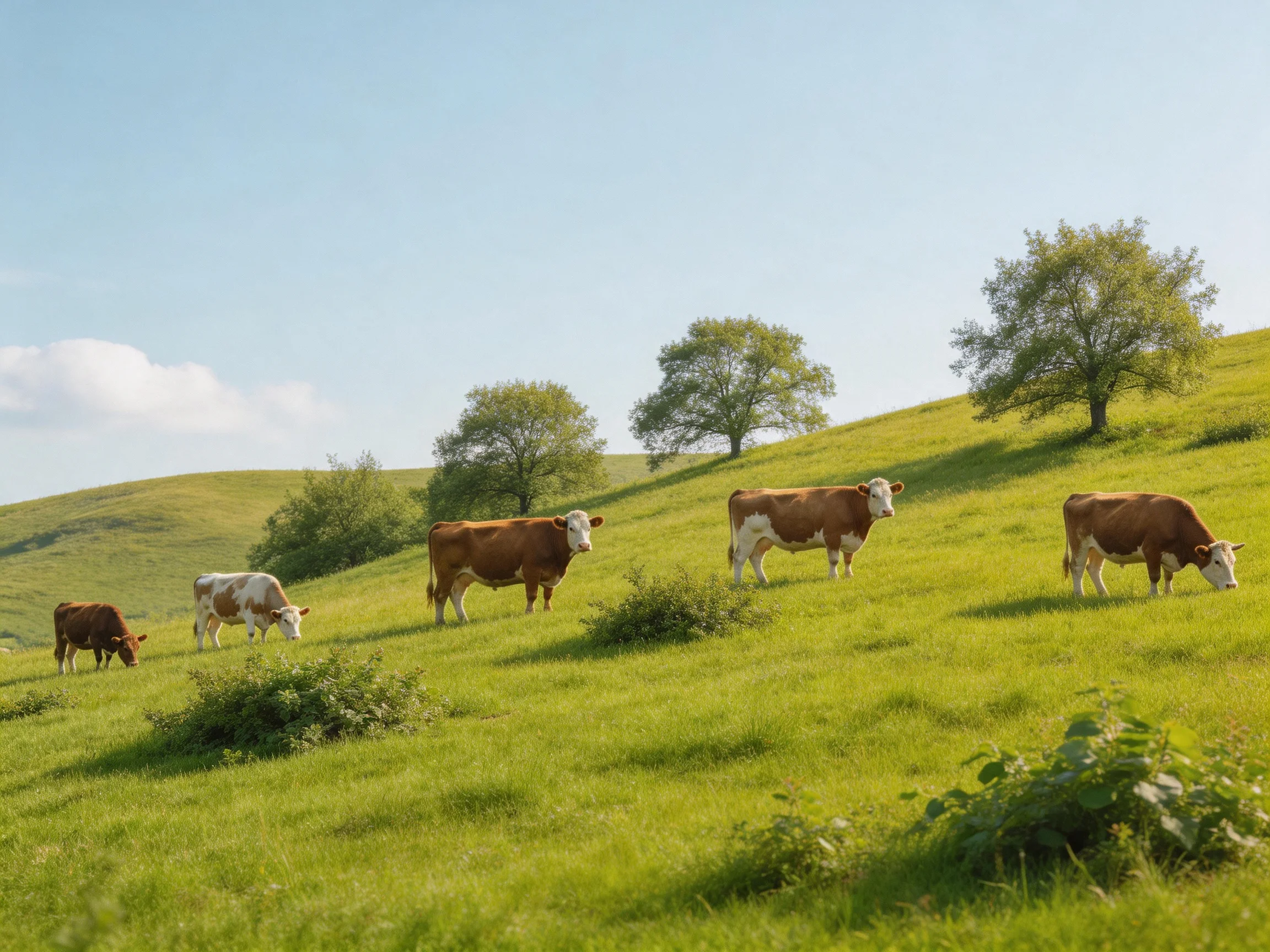 Five brown and white cows graze on a lush green hillside with trees