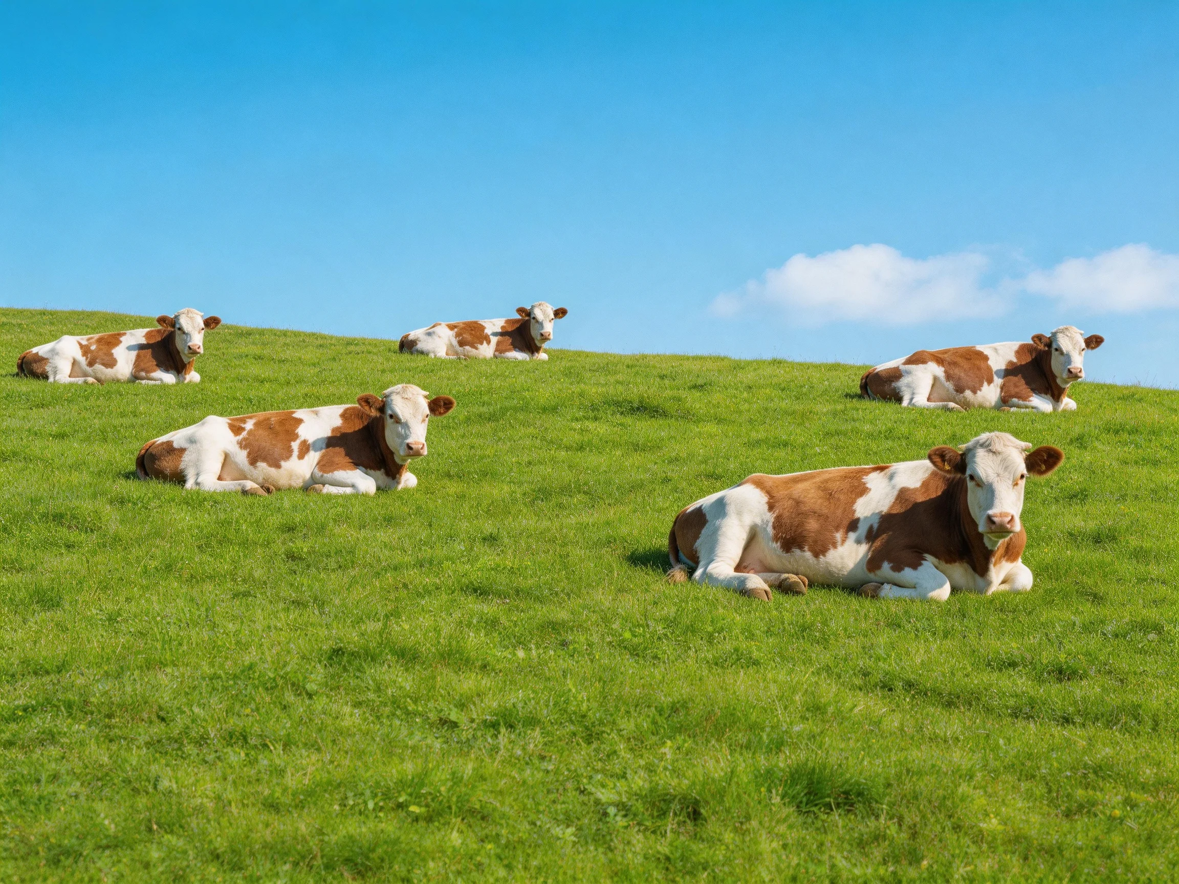 Five brown-and-white cows rest on a lush green hillside under clear blue sky