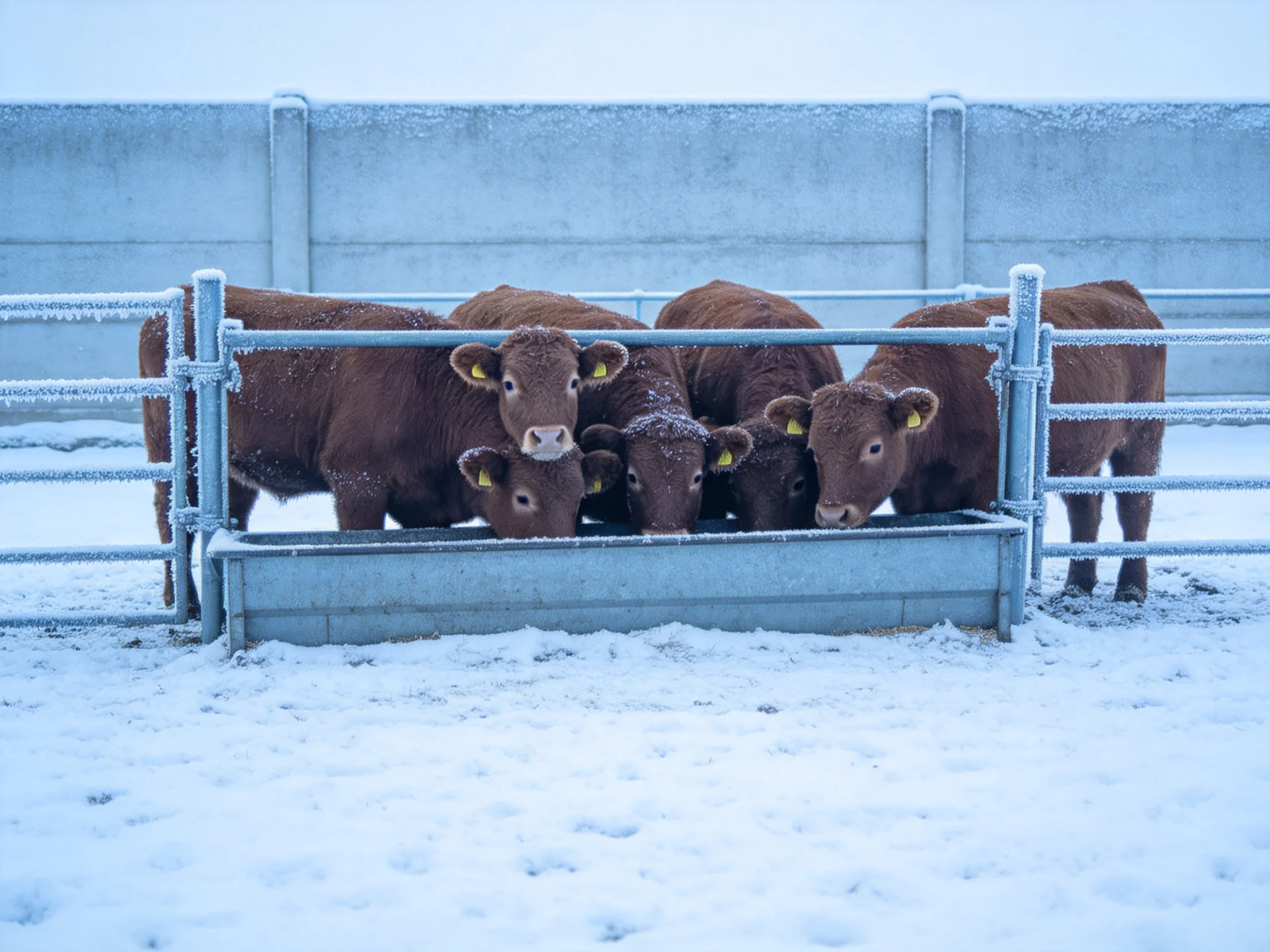 Five brown calves gather at a frosty metal feeding trough in snow