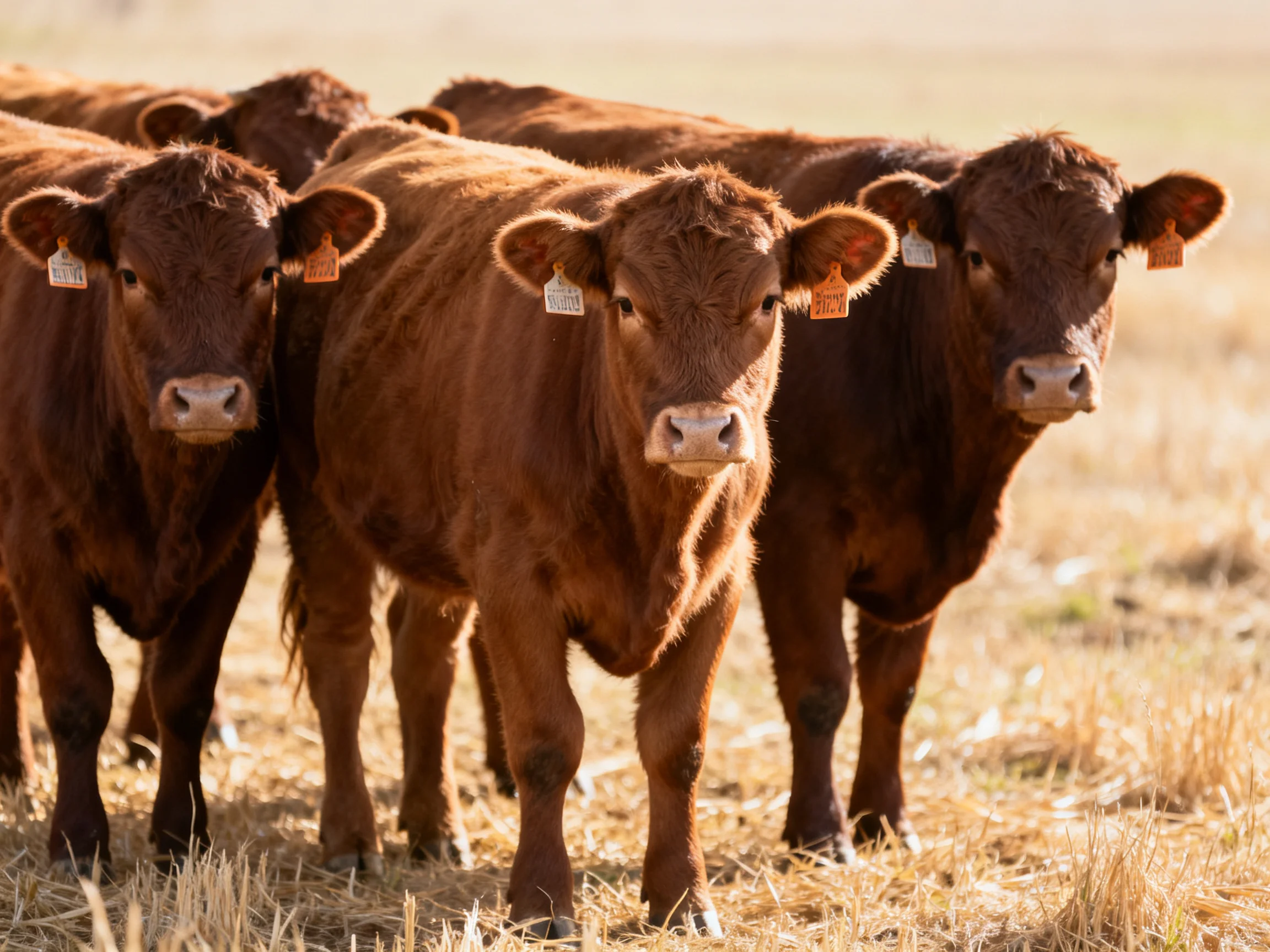 Five brown calves stand together in a golden field