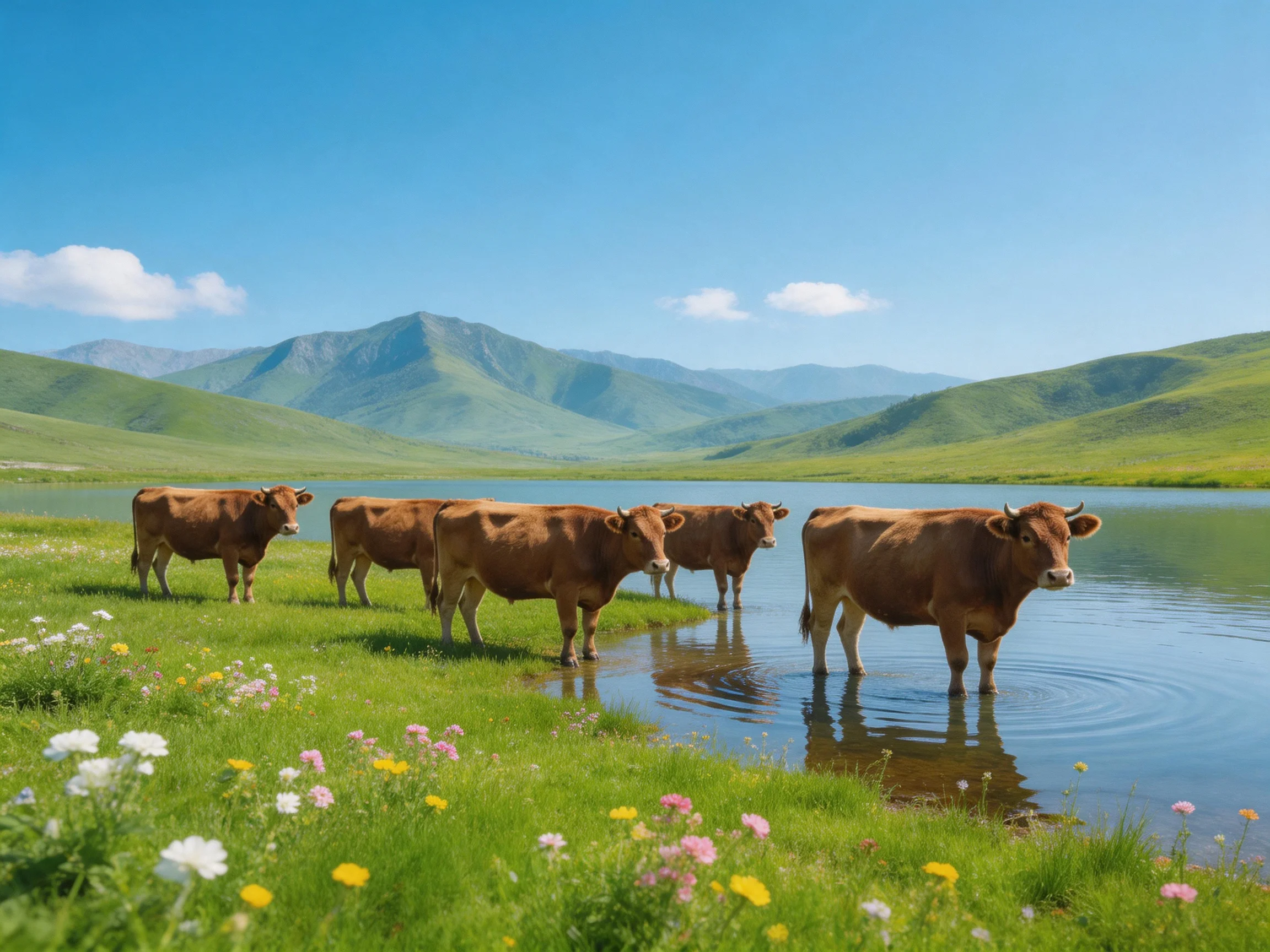 Five brown cows by a serene lake with green rolling hills