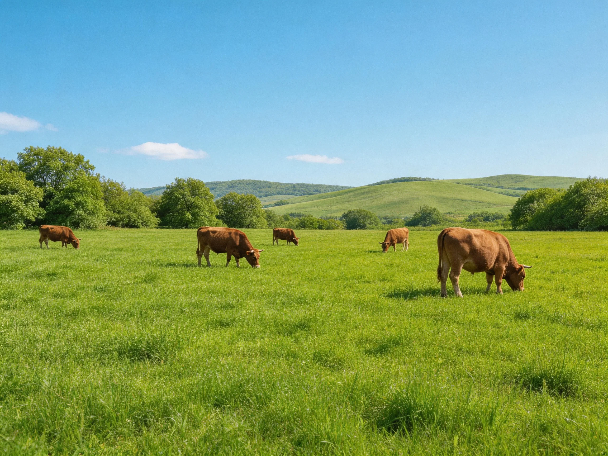 Five brown cows graze in a large green meadow under sunny skies.