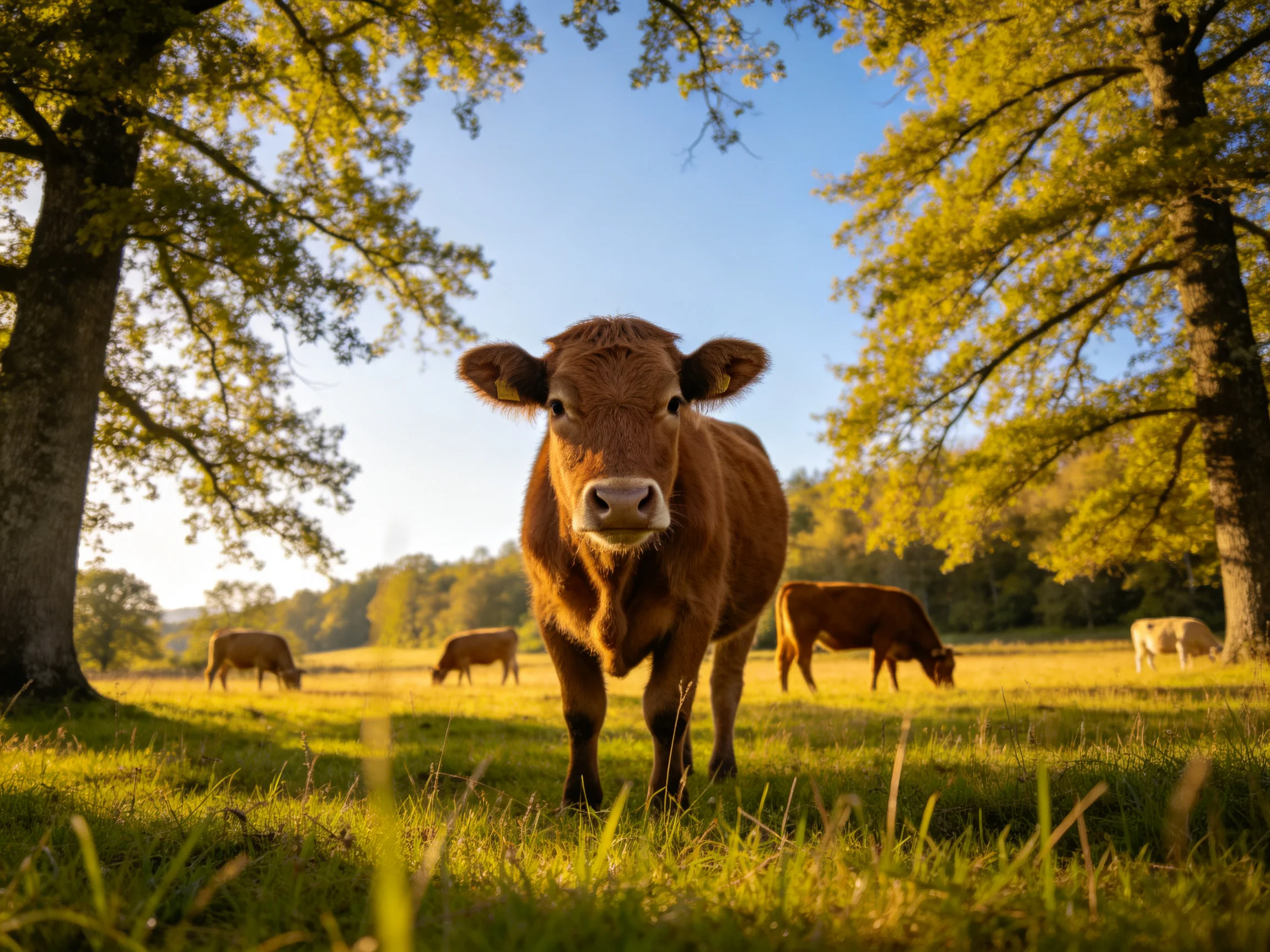 Cows graze in a sunlit meadow with tall oak trees