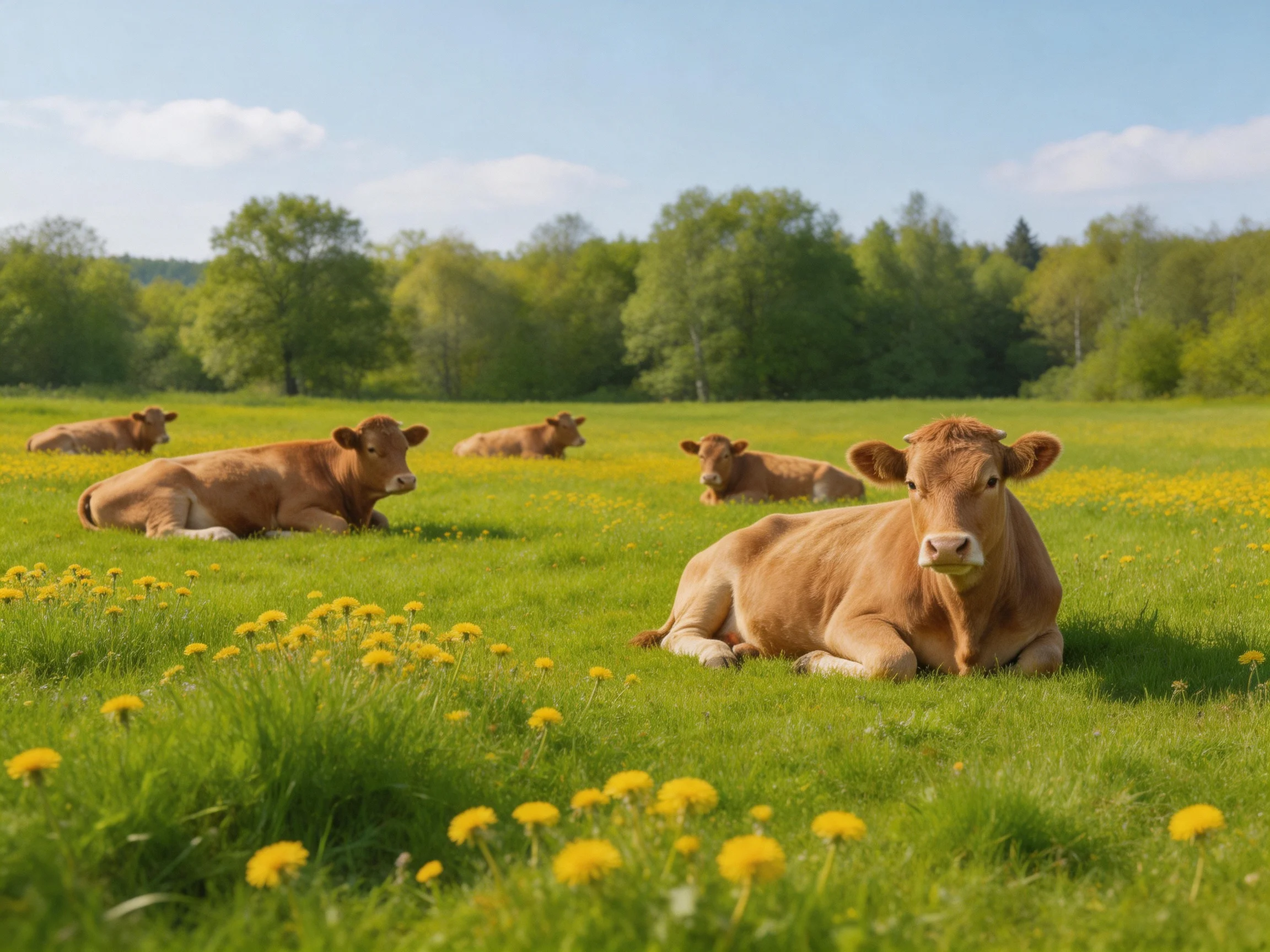 Five brown cows rest in a sunlit meadow with yellow wildflowers