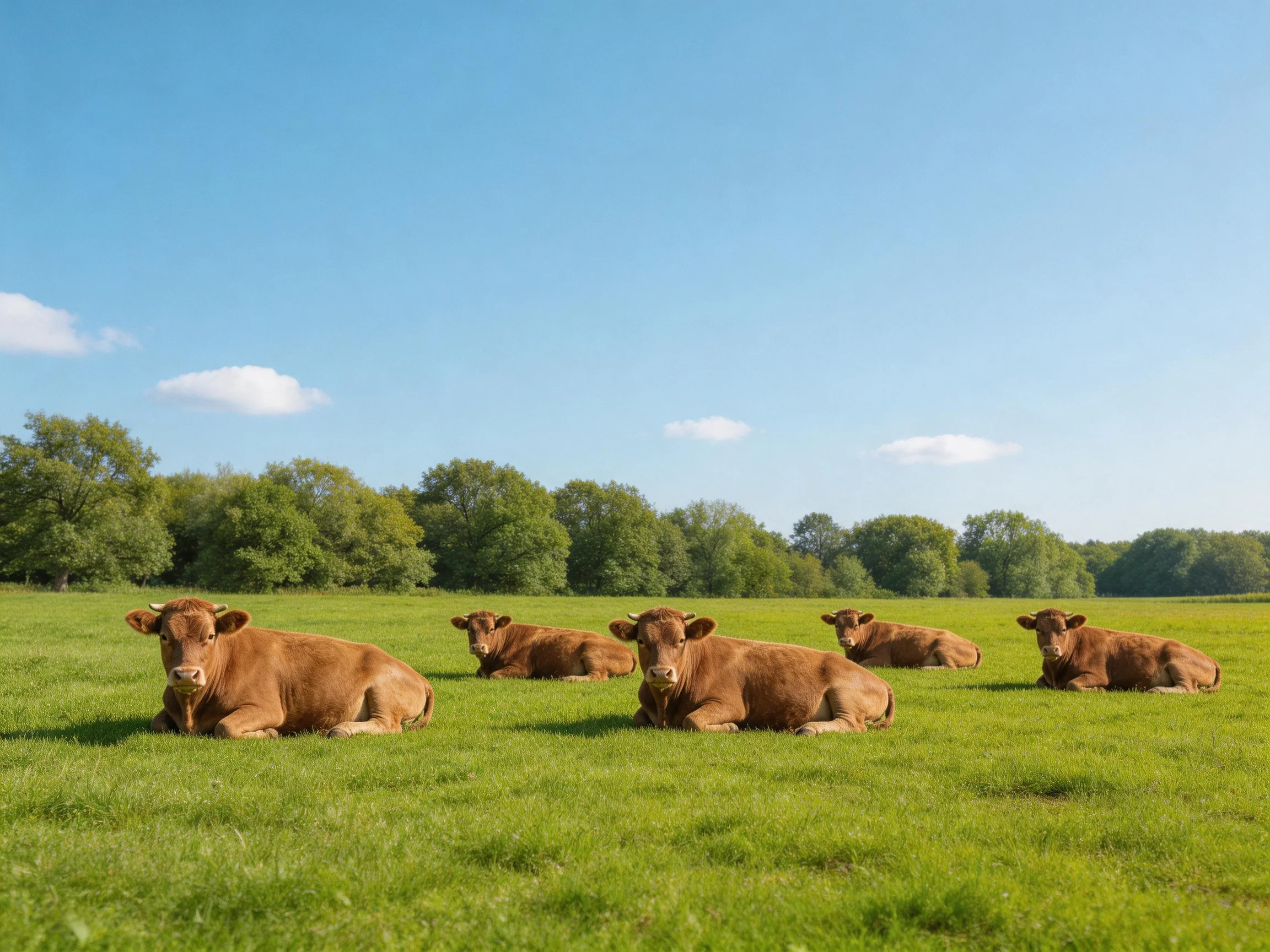 Five brown cows rest on lush green pasture near leafy trees under clear blue sky