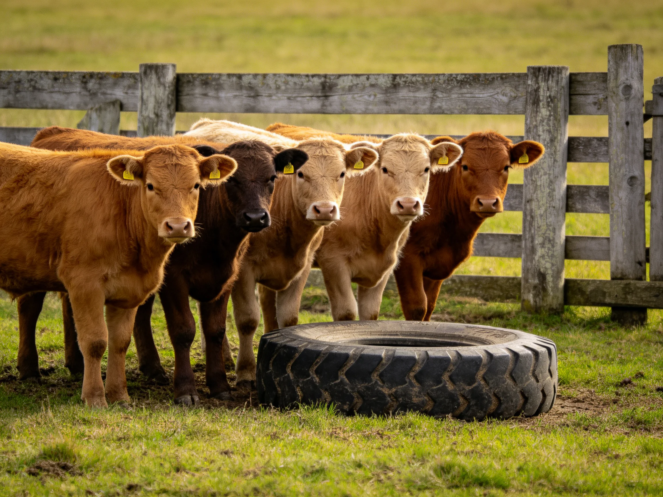 Five calves of varied brown shades gather near a large black tire by a wooden fence