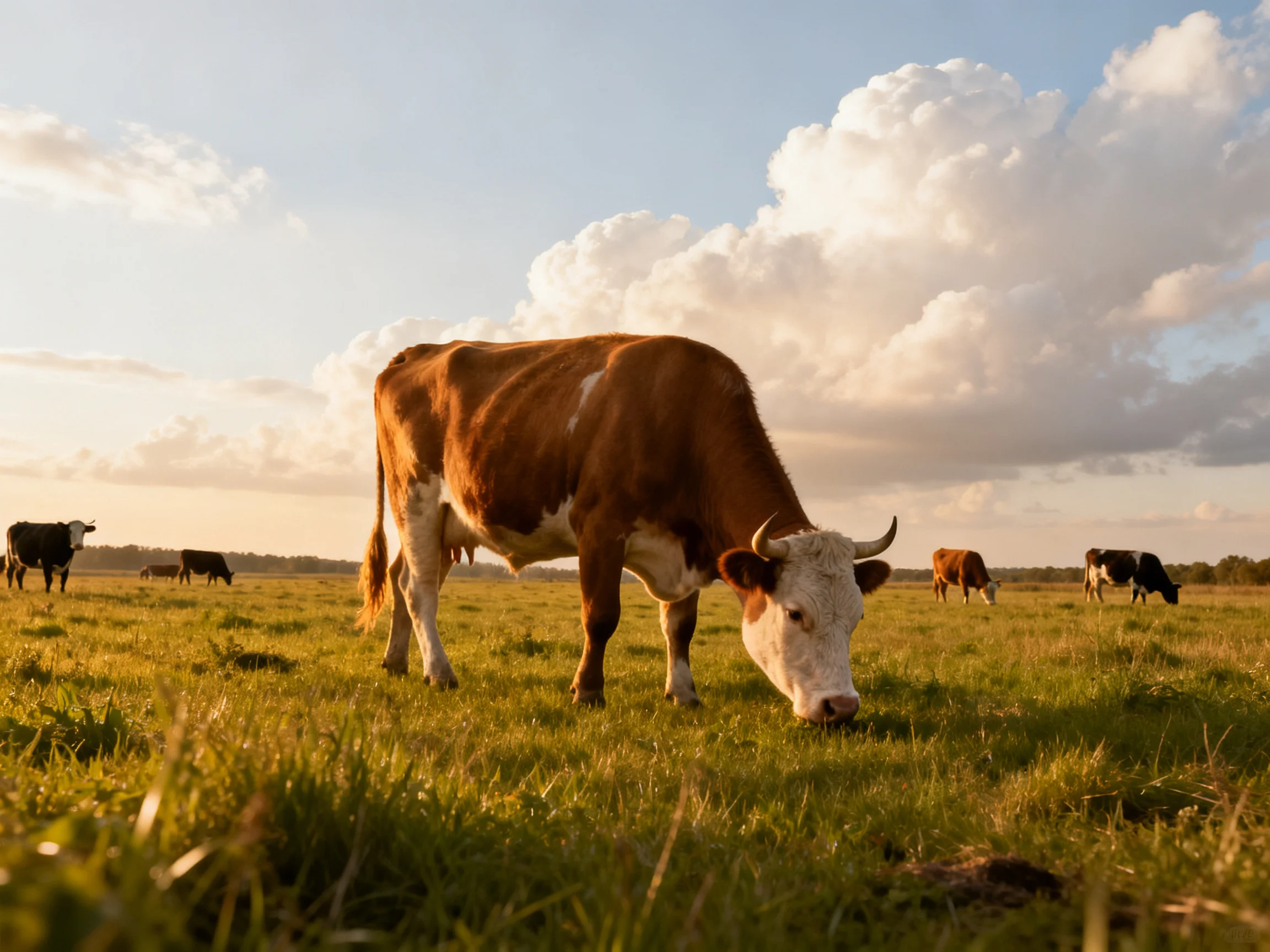Five cows graze in a golden-green pasture under fluffy white clouds