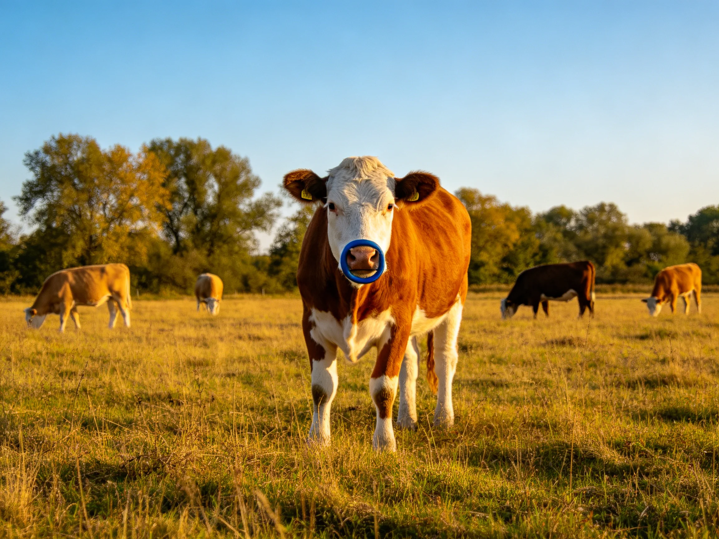 Five cows graze in a golden meadow, one with a blue nose prominent