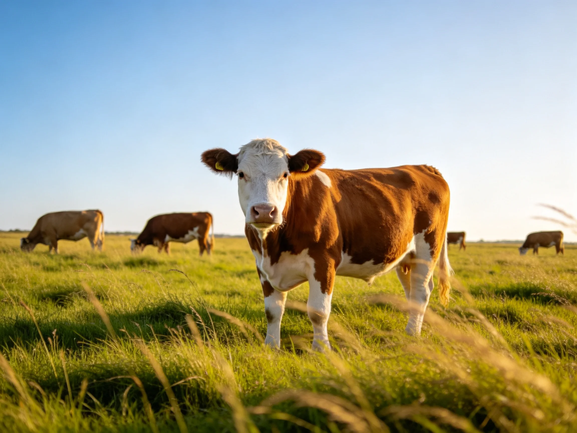 Five cows graze in a lush green pasture under bright blue skies