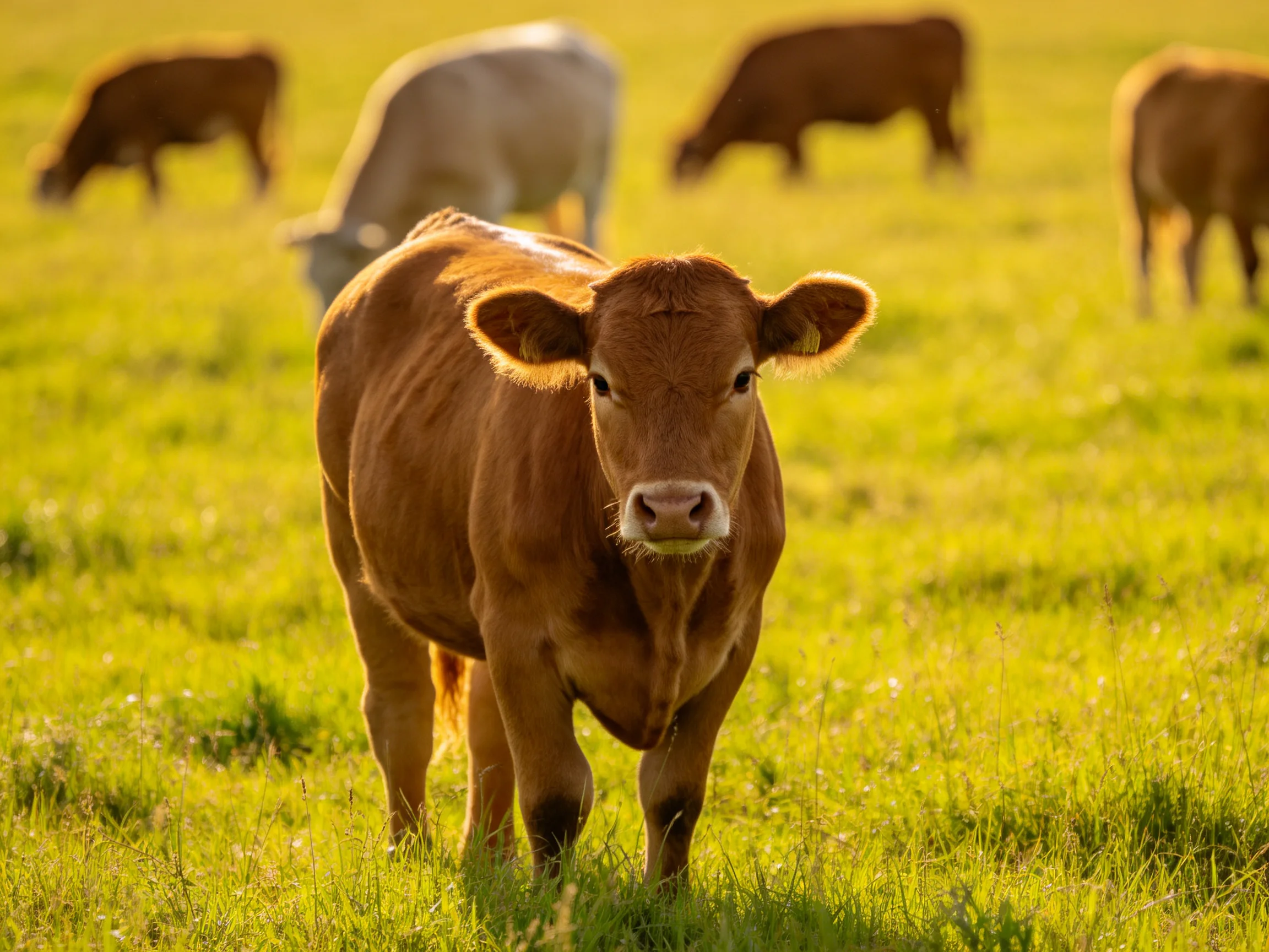 A brown calf faces forward among grazing cows in a sunlit green pasture.