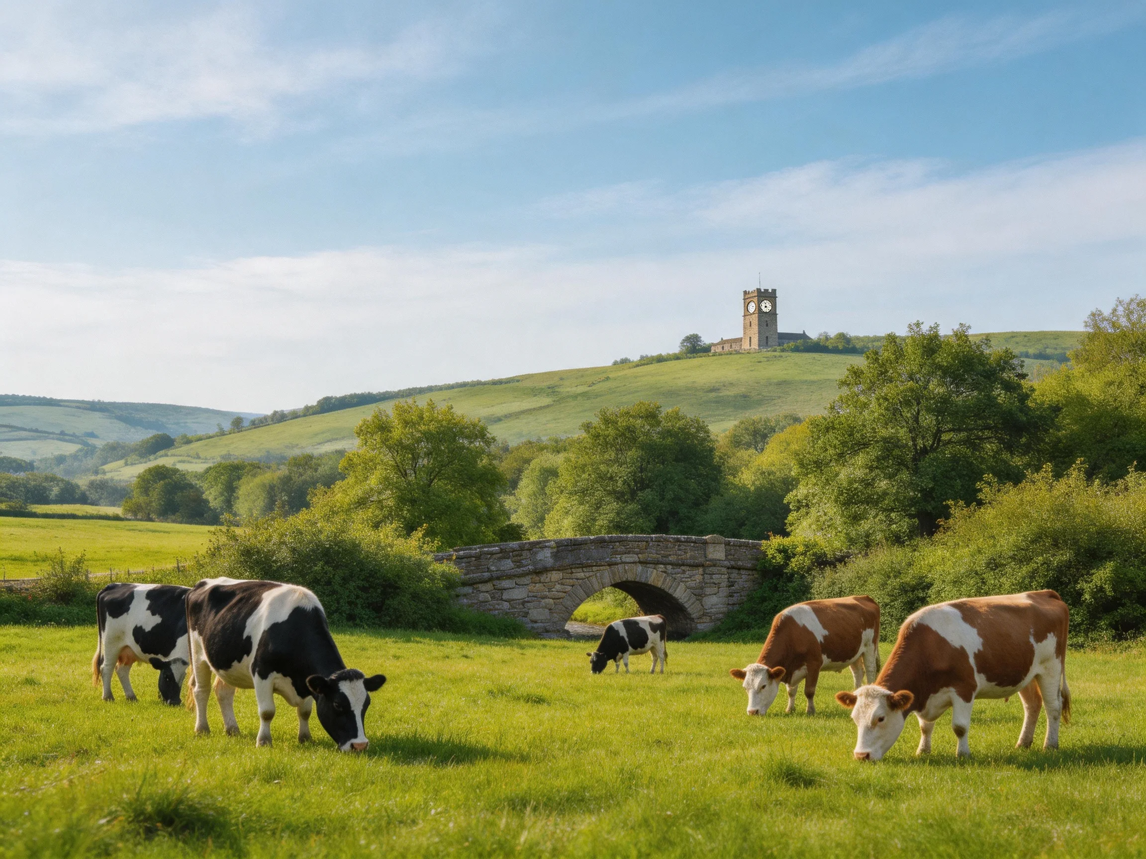 Five cows graze near a stone bridge with a hilltop tower