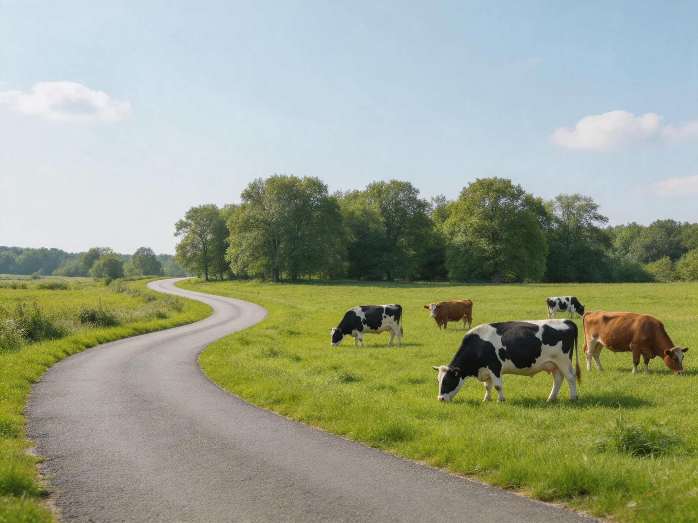 Cows of different colors graze beside a curving road in a sunny pasture.