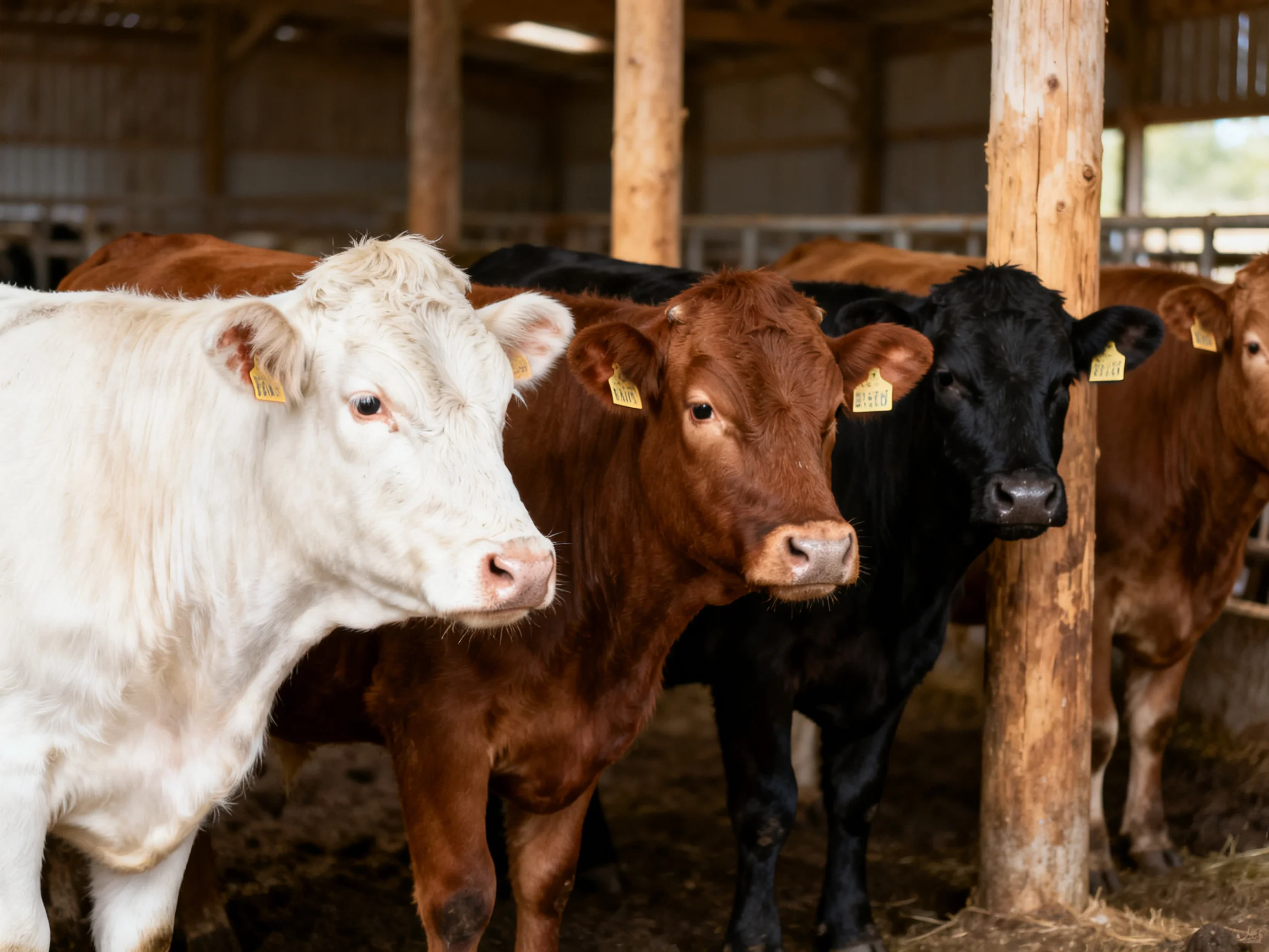 Five cows of assorted colors in a wooden barn