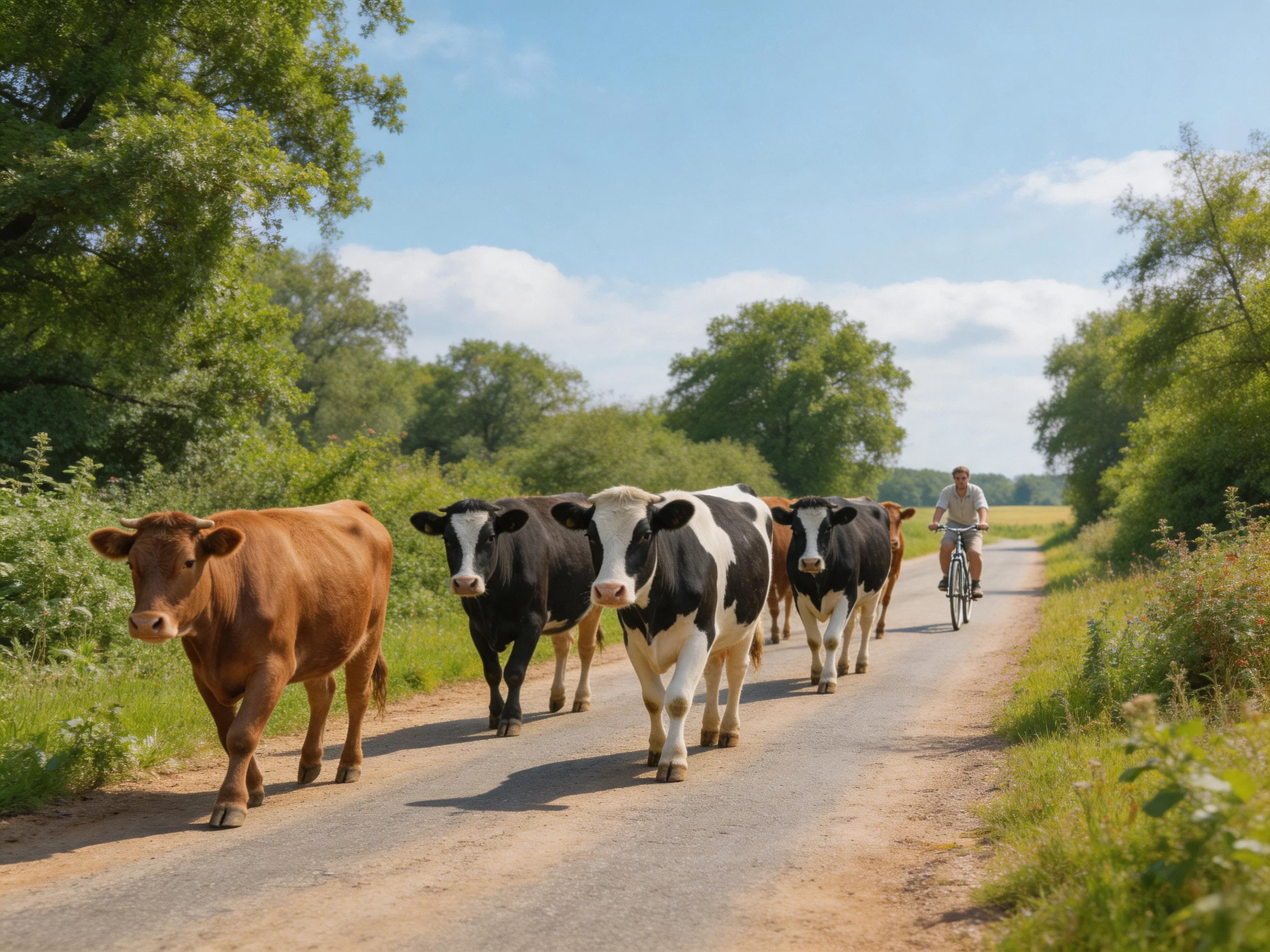 Cows of brown and black walk along a country dirt road as a cyclist rides behind them.