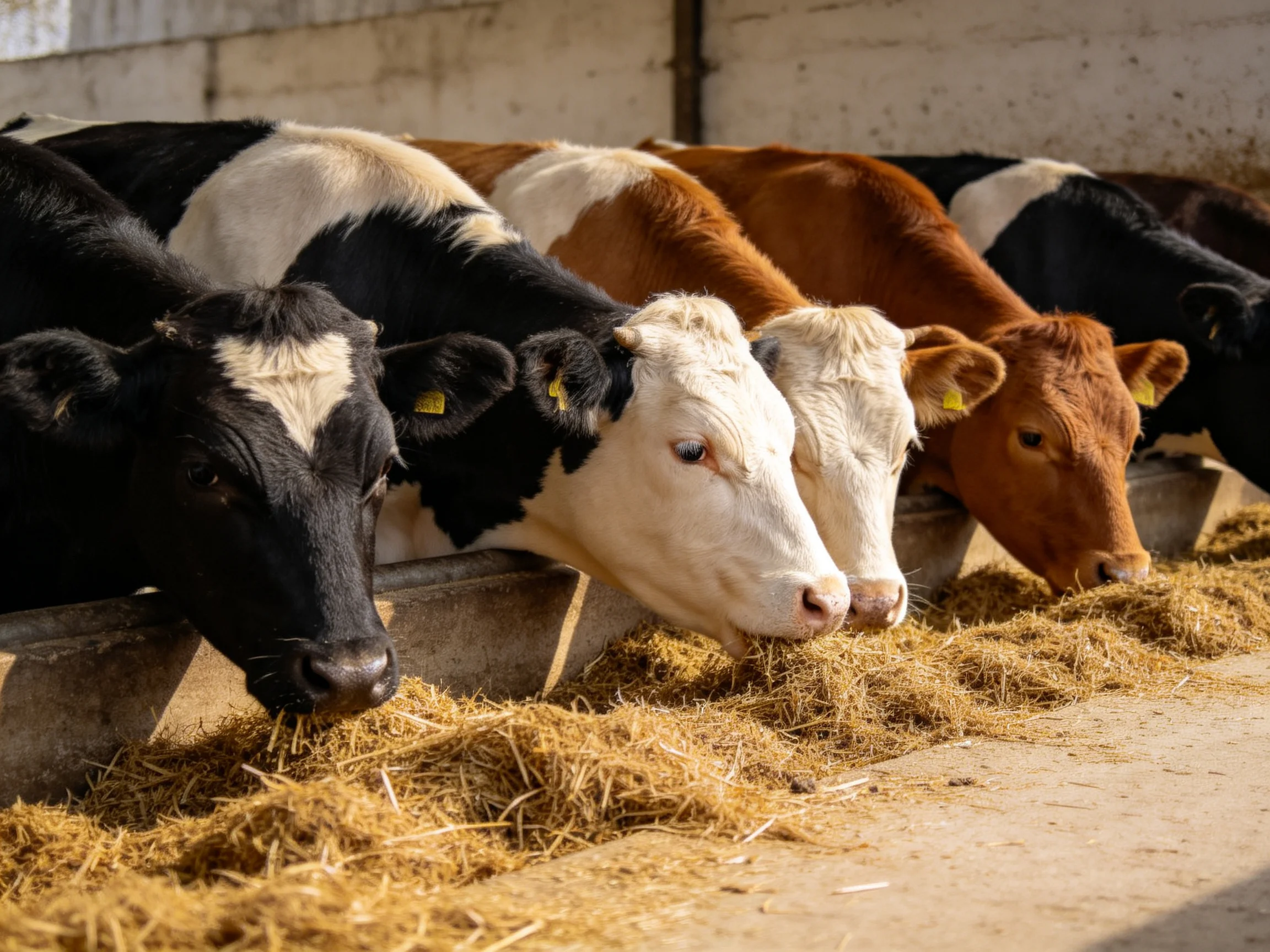 Five cows of mixed colors eat hay from a concrete trough inside a barn