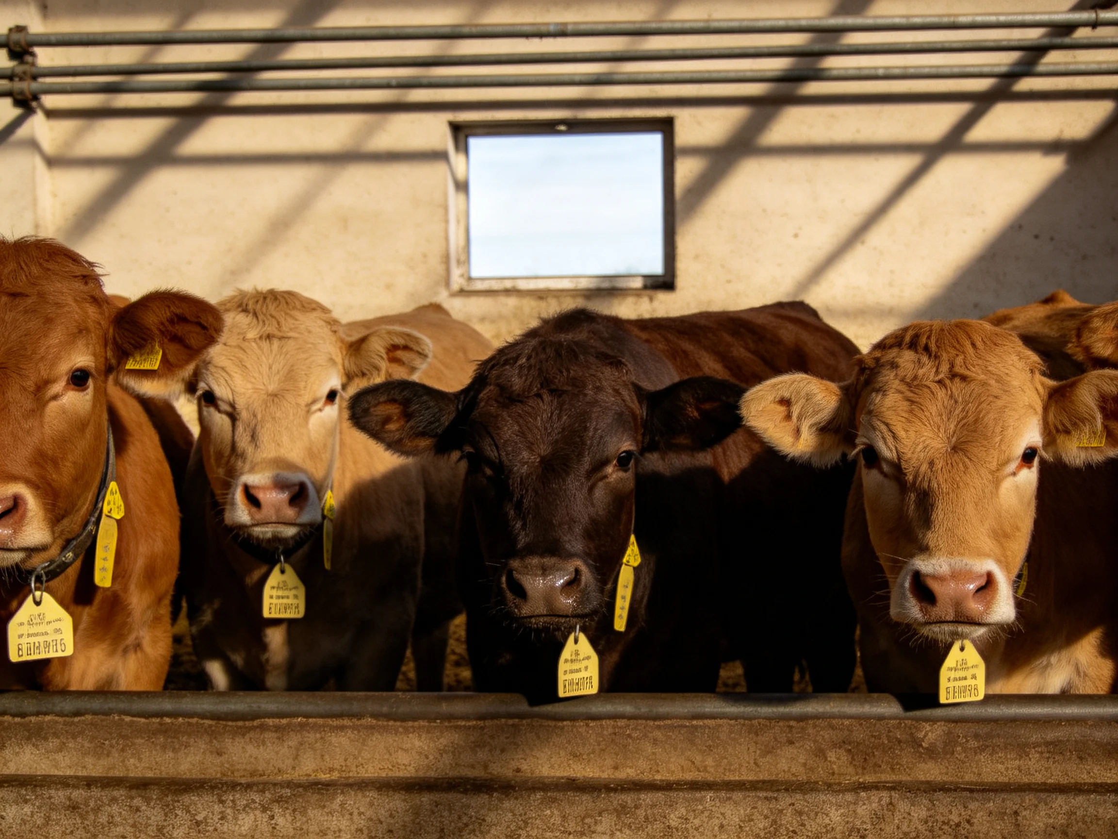 Five cows of varied browns and blacks gather near a feeding trough in a barn