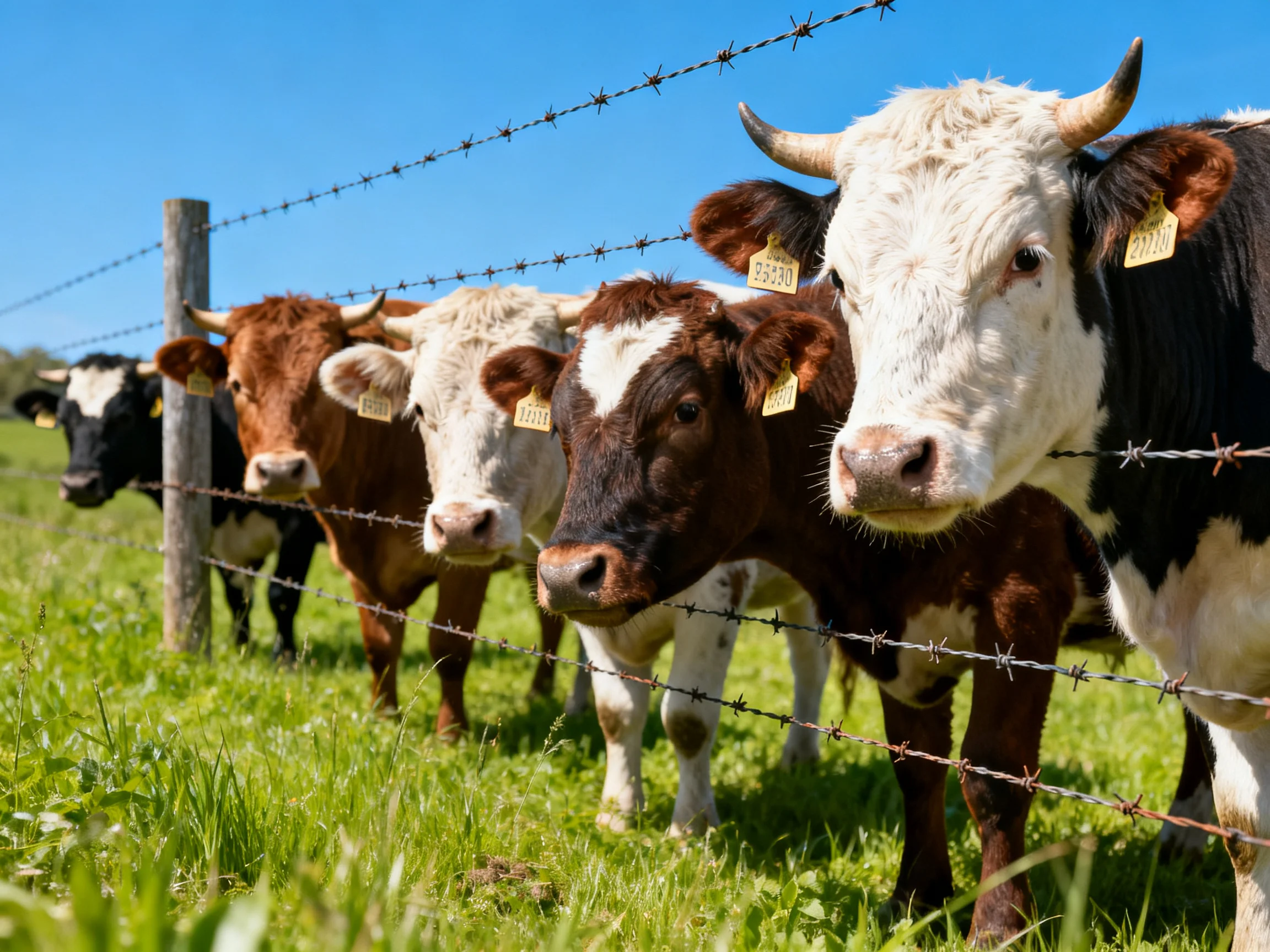 Five cows of varied colors near barbed wire fence in sunlit pasture