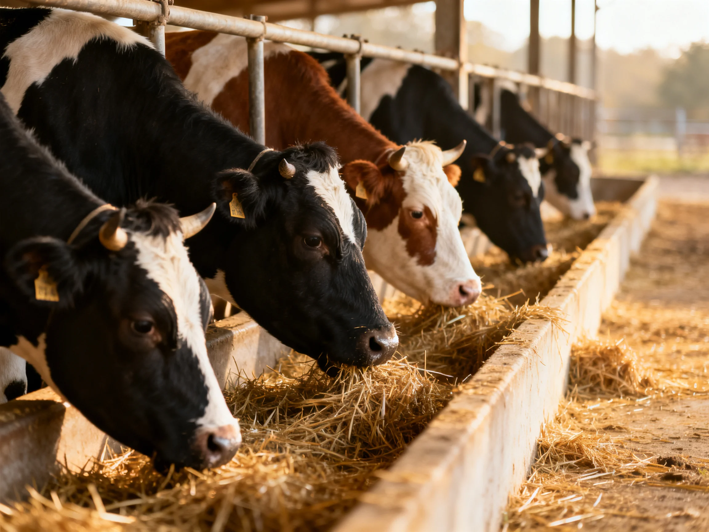 Five cows with black, brown, and white coats eat hay from a trough.