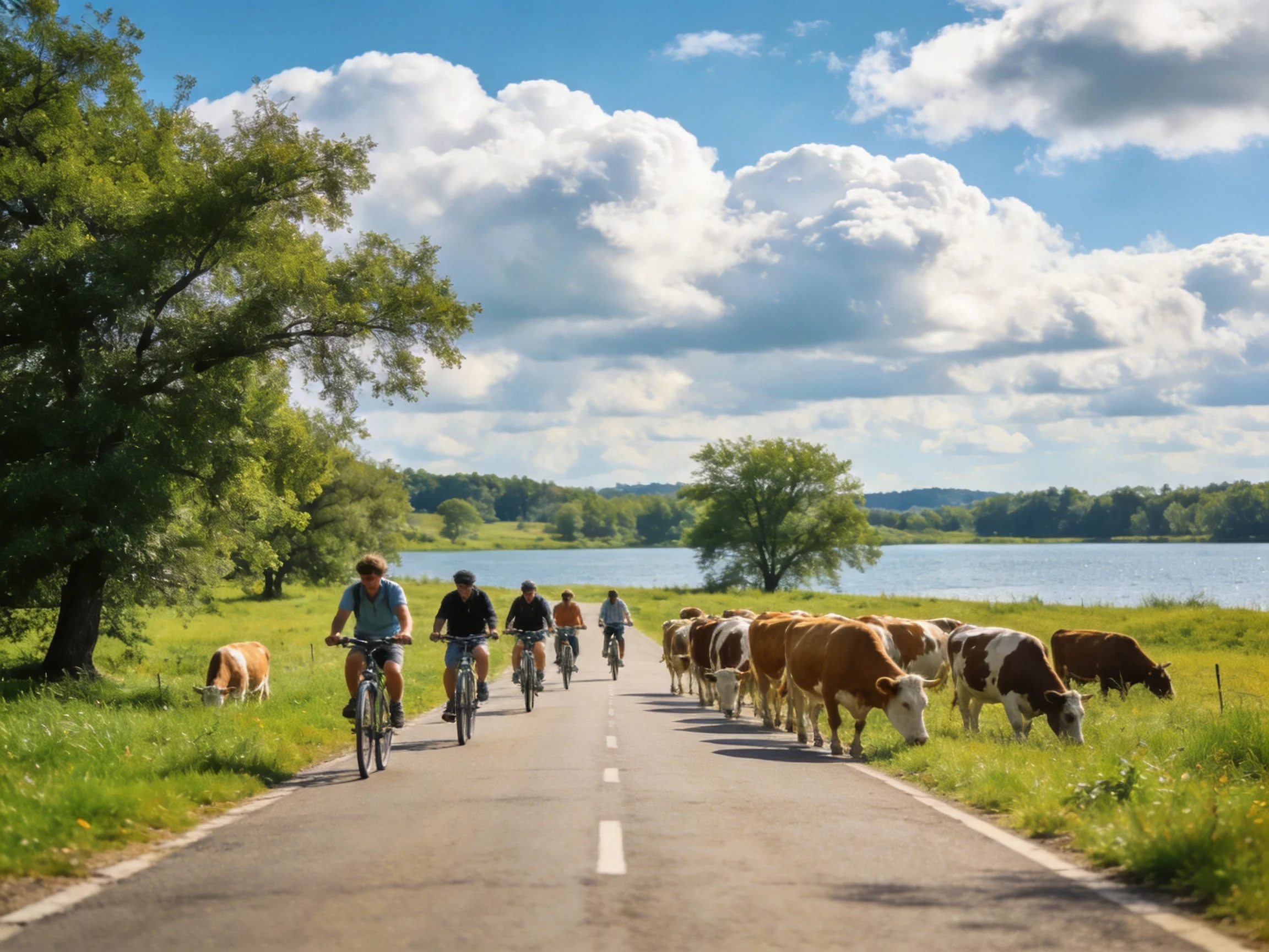 Five cyclists ride past grazing brown cows near a serene lake
