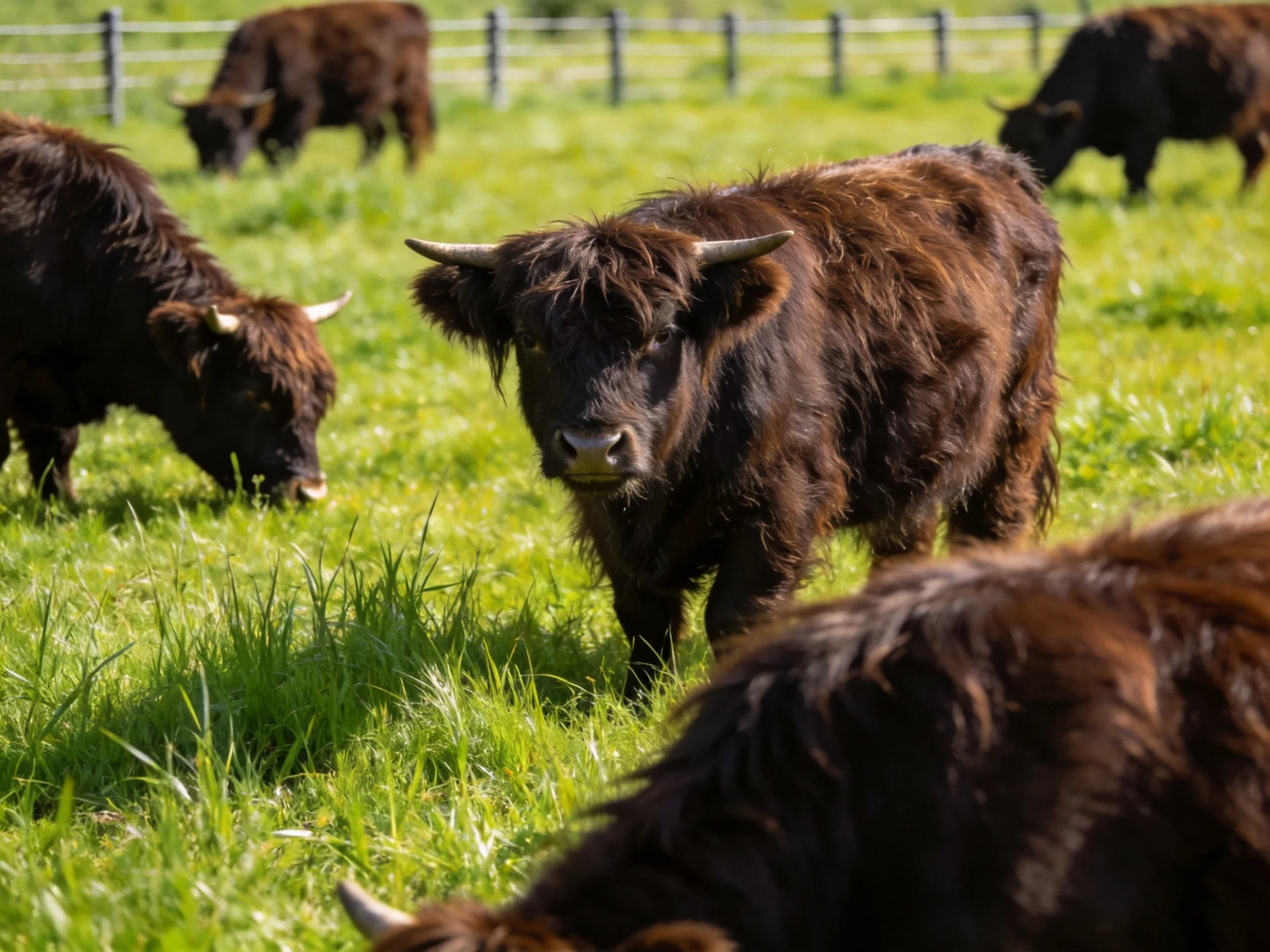 Five dark brown cattle graze in a lush green pasture
