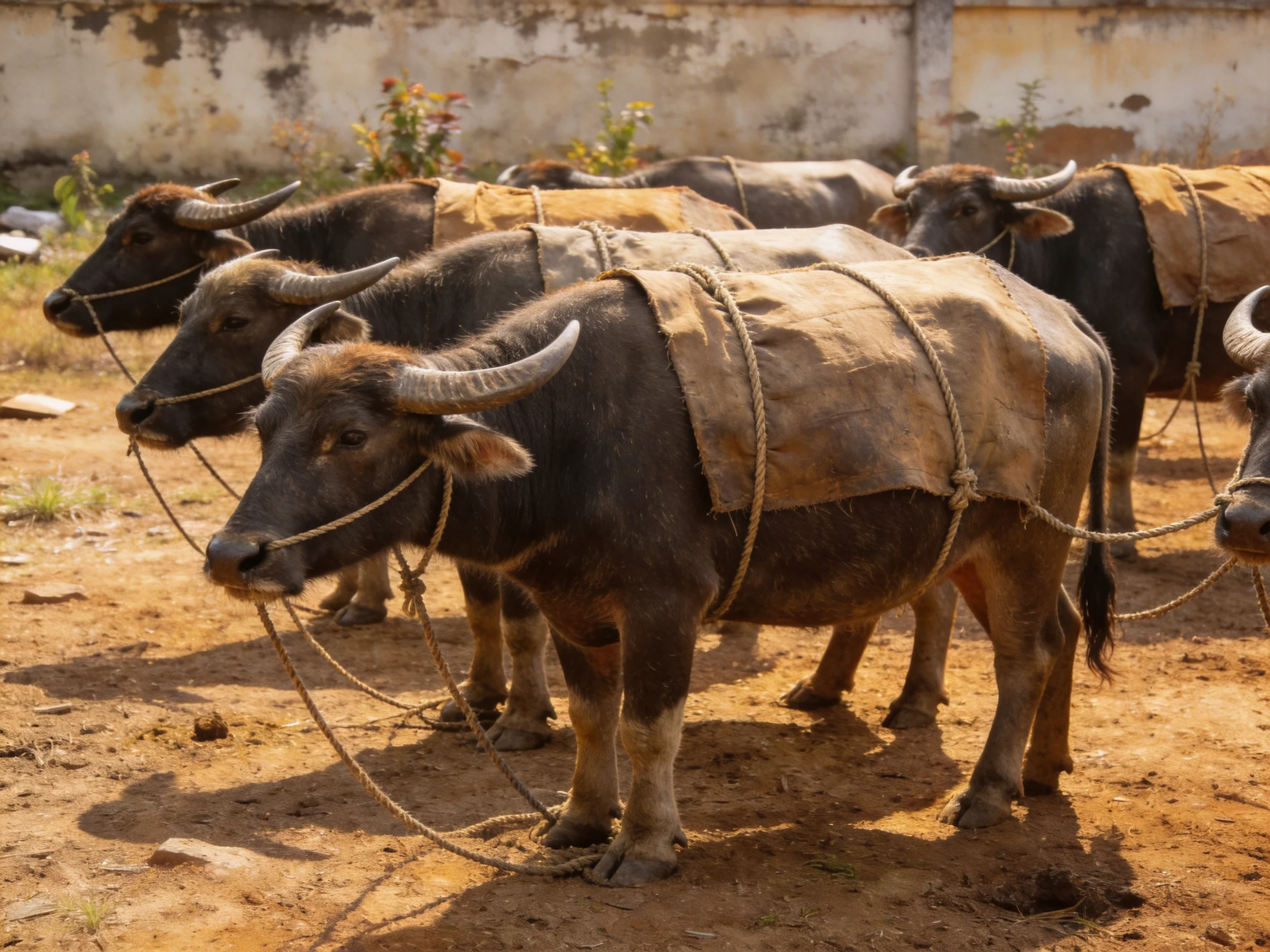 Five dark brown water buffaloes with tan blankets tied by ropes