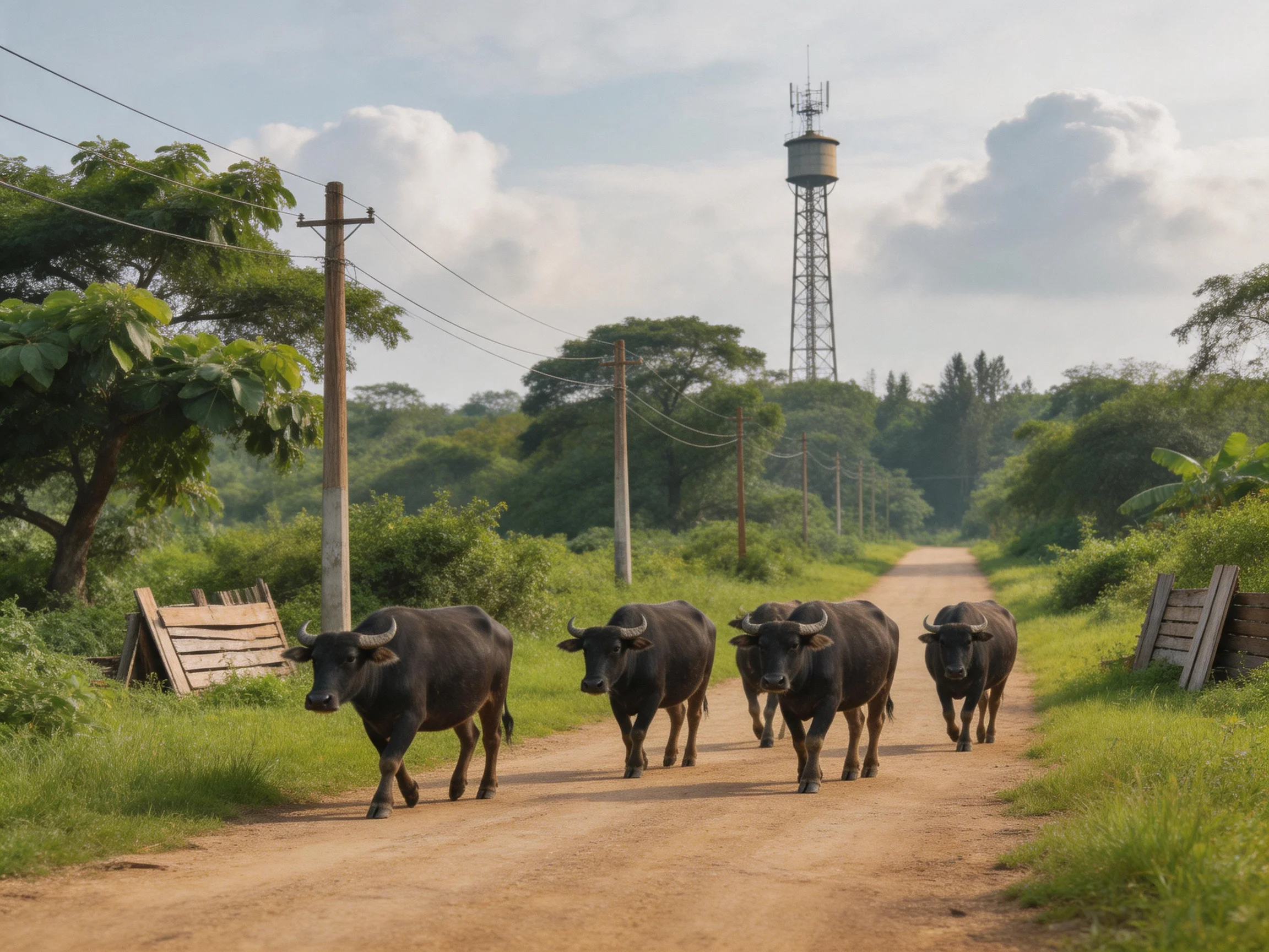 Five dark buffaloes walk along a dusty country road near lush greenery