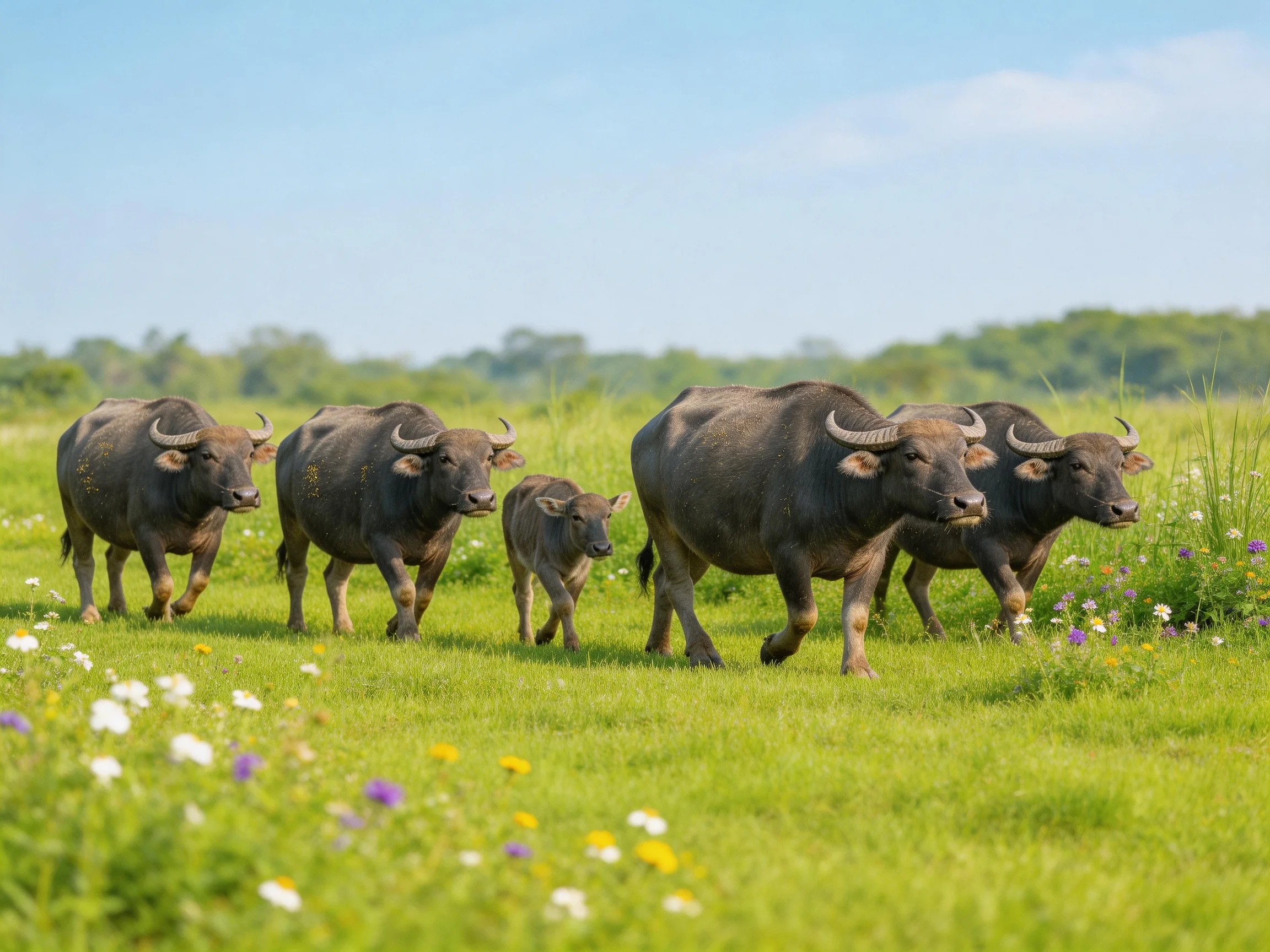 Five dark gray water buffalo walk through a vibrant flower-filled meadow