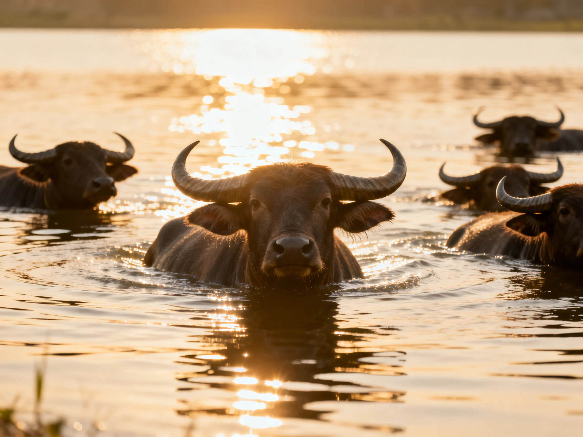 Five dark-horned buffaloes wade through golden water at sunset