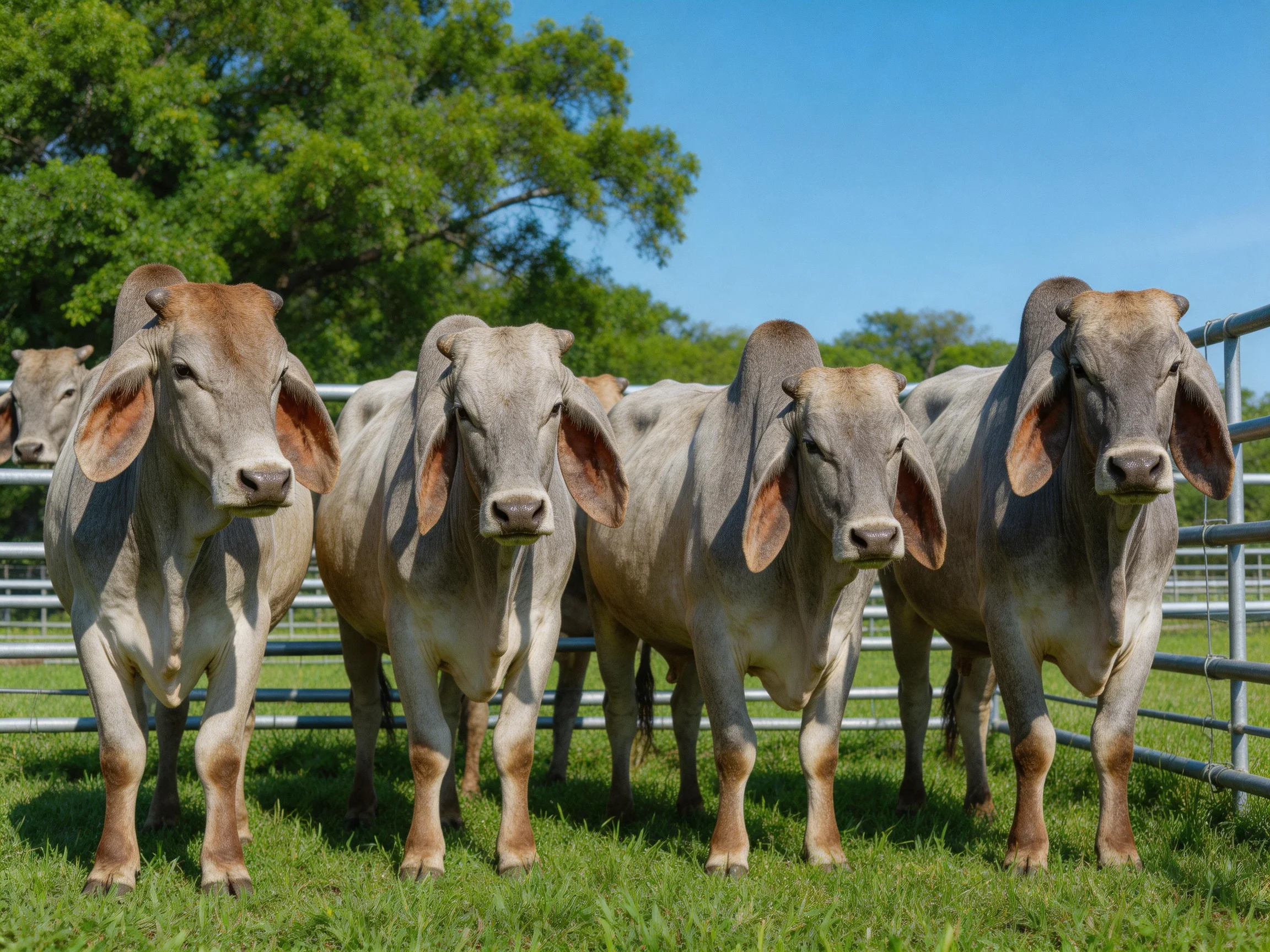 Five gray cattle near metal fencing with lush green trees