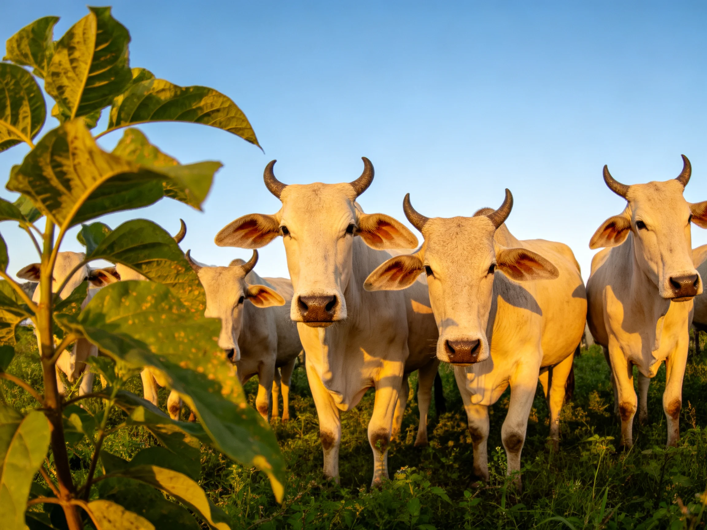 Five horned white cattle in a sunlit green pasture