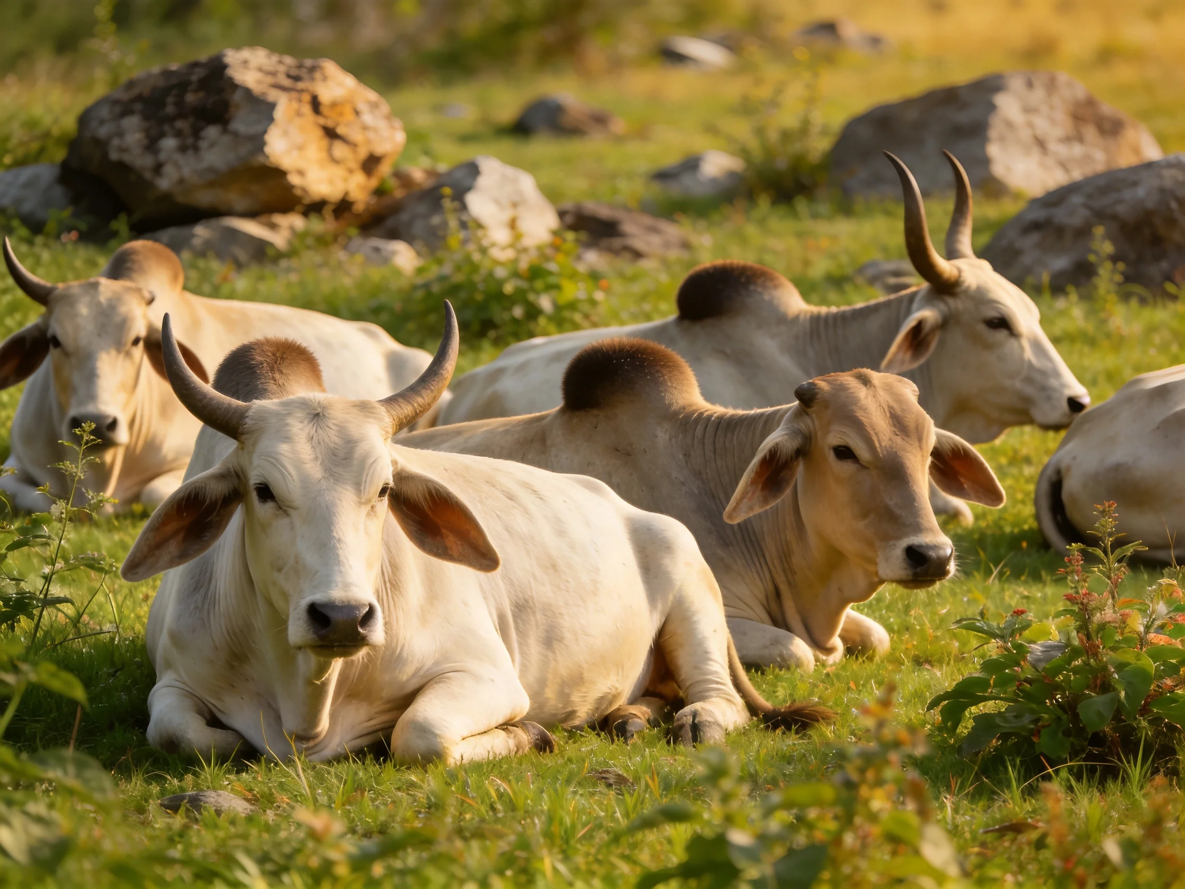 Five light-hued cattle rest near rocks in a sunlit pasture.