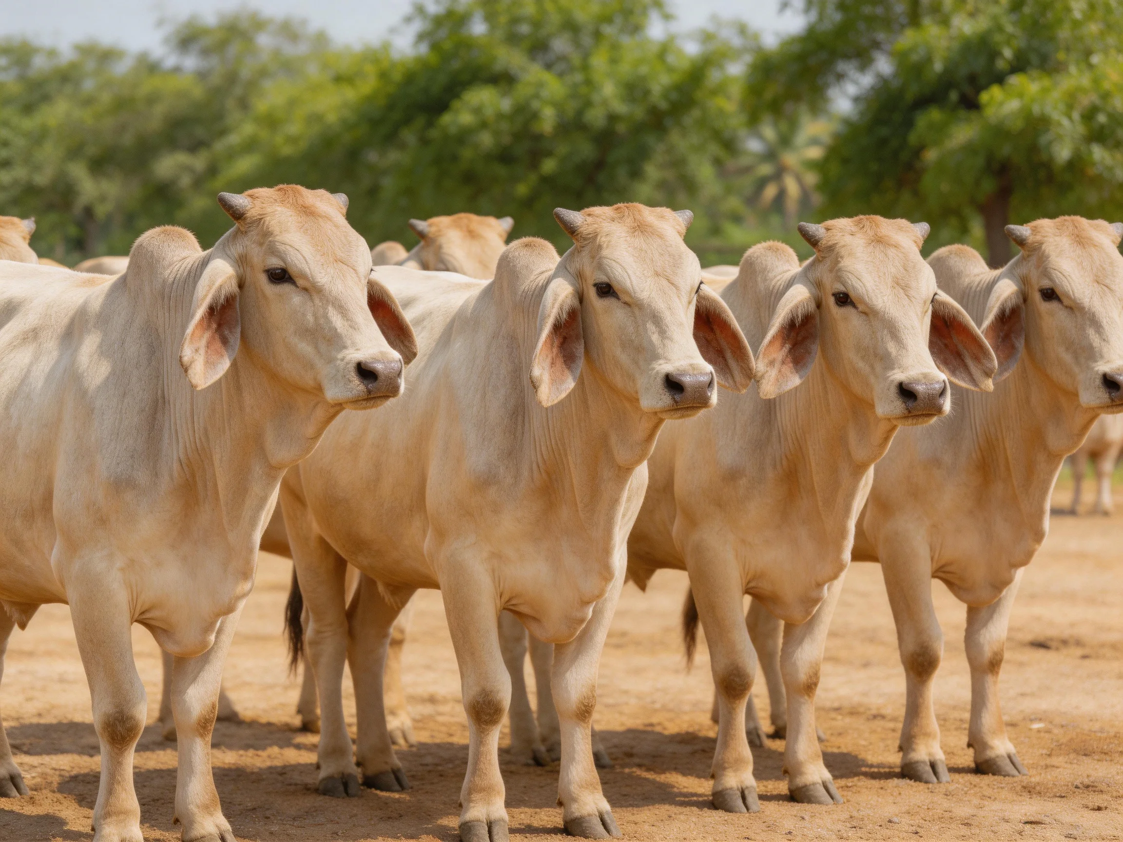 Five light tan cattle stand in a row on sandy ground with green trees