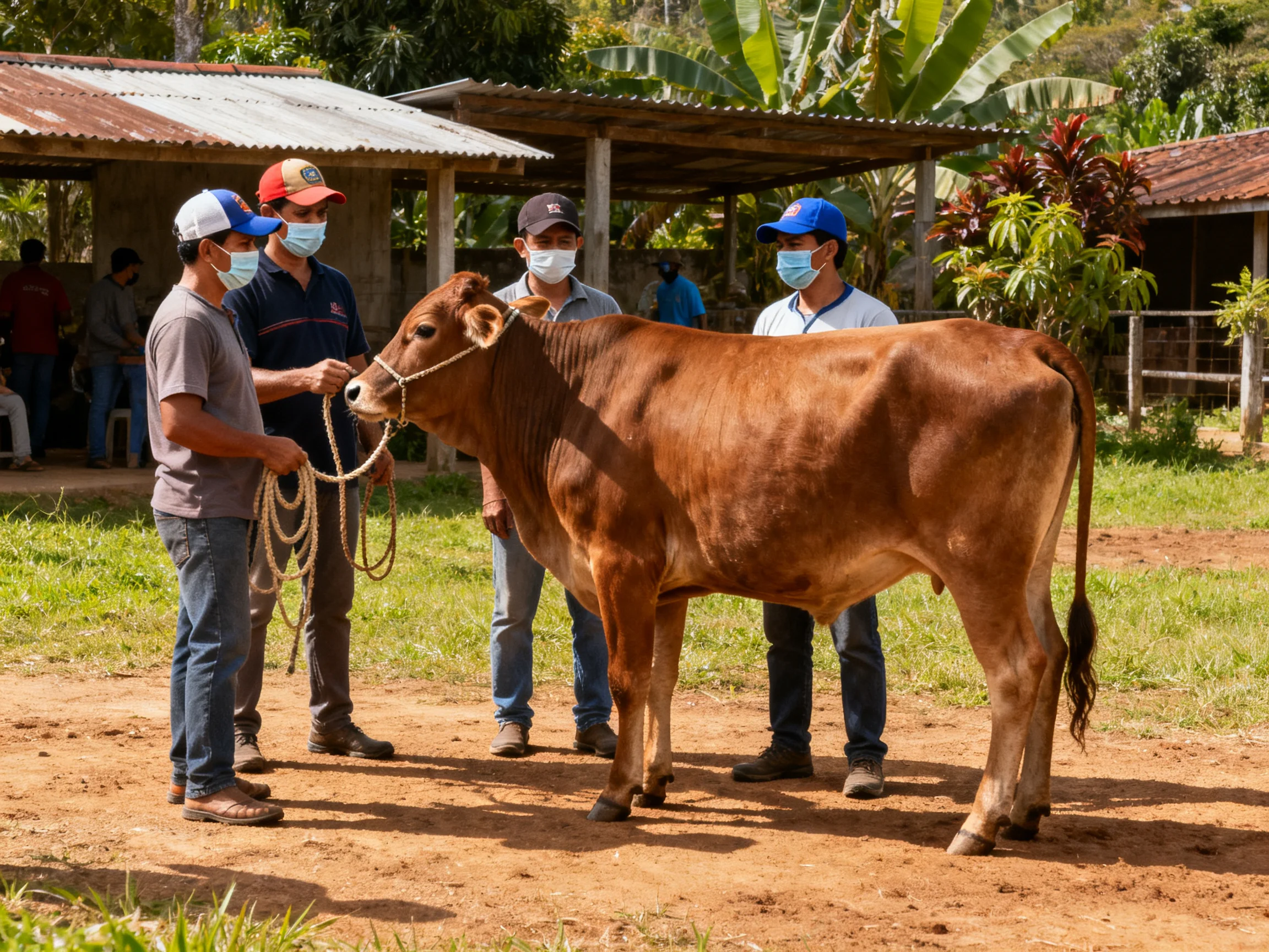 Five masked people gather around a brown cow in a rural outdoor setting.