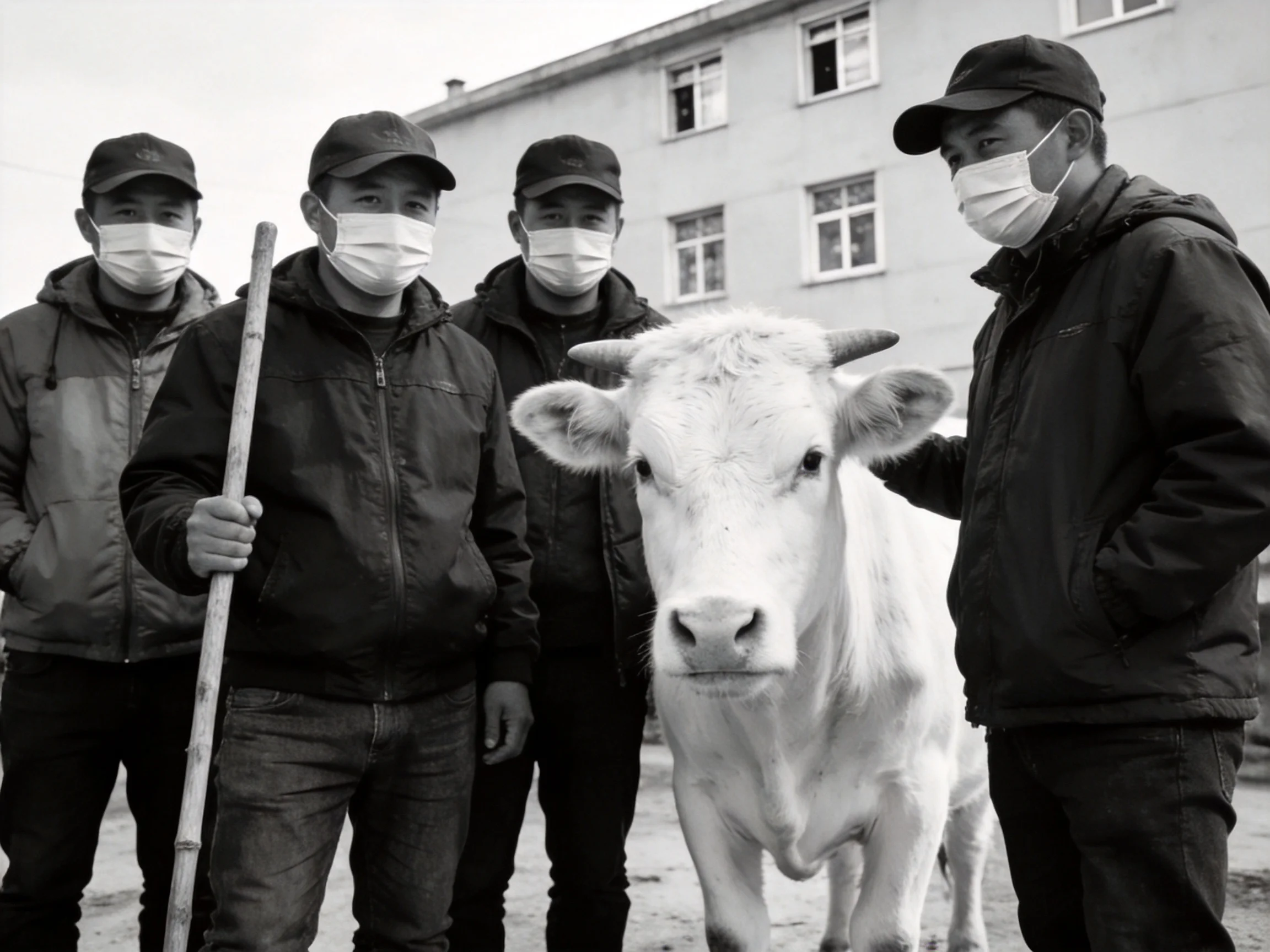A group of masked people stands next to a white cow outdoors near a large building.