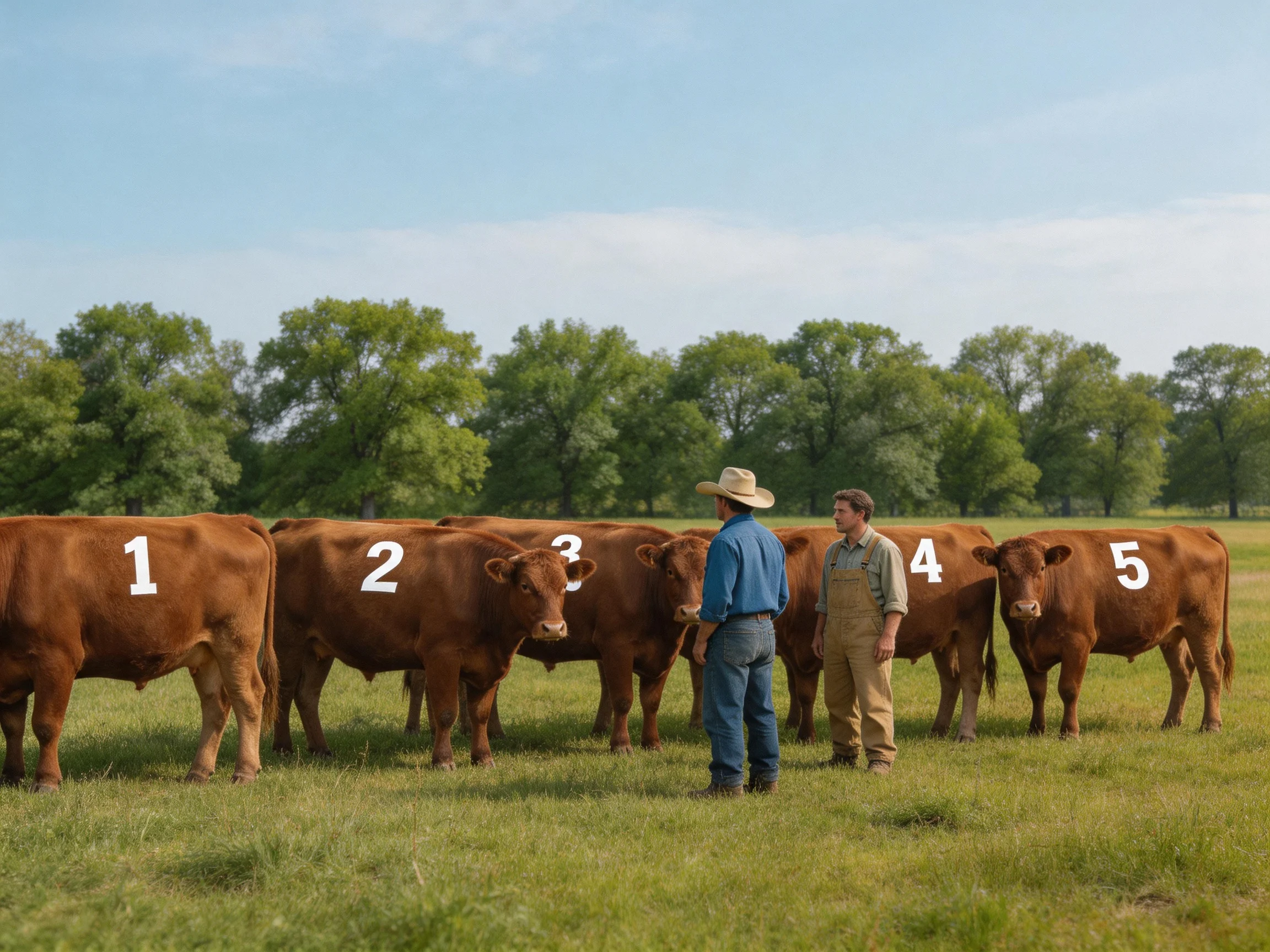 Five numbered brown cows in a green pasture with two individuals