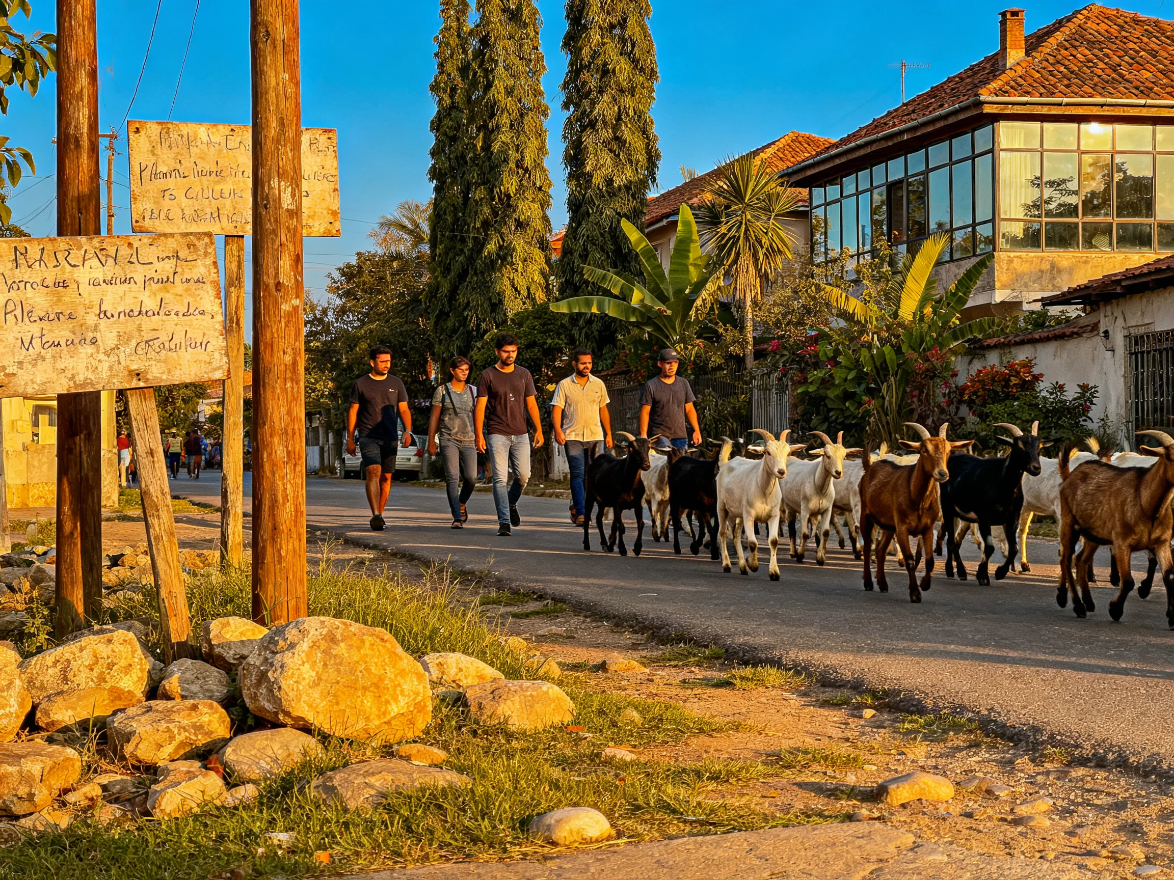 Five people herding mixed-colored goats on a sunny village road