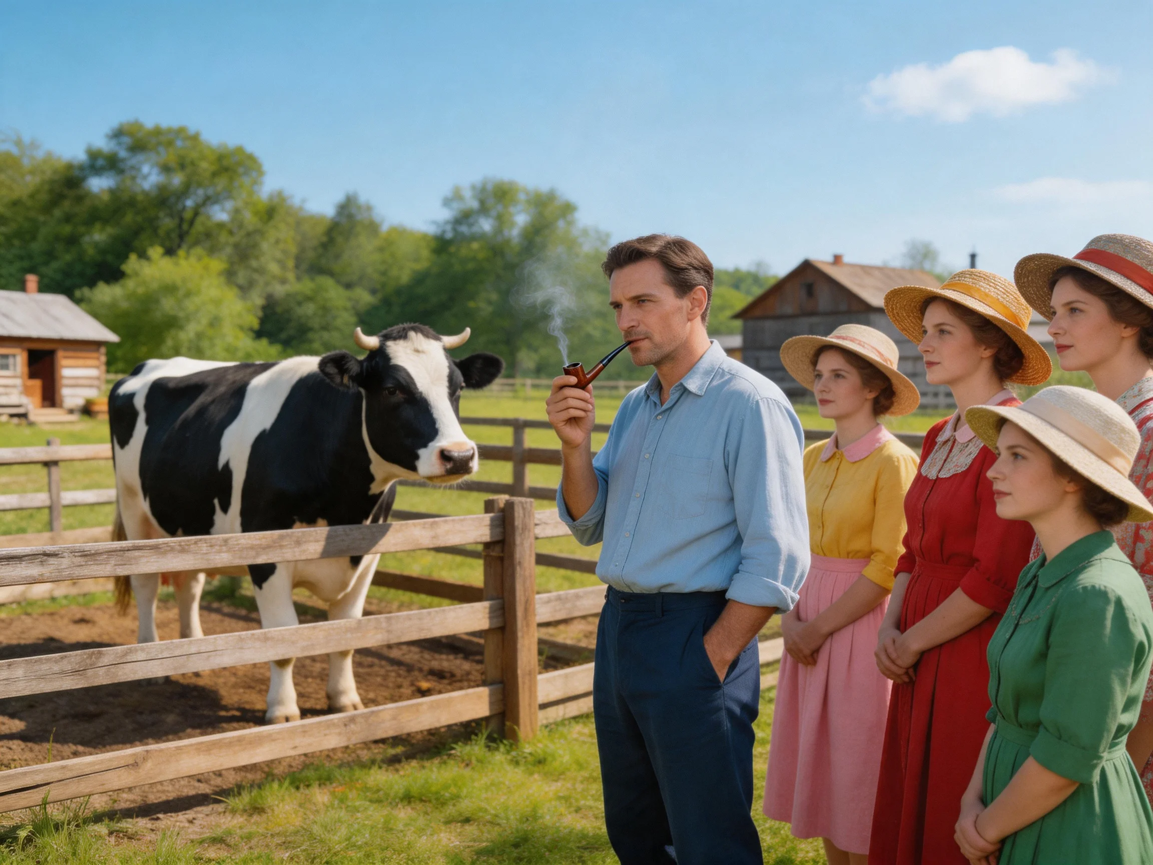 Five people in vintage clothing observe a black-and-white cow near wooden fences