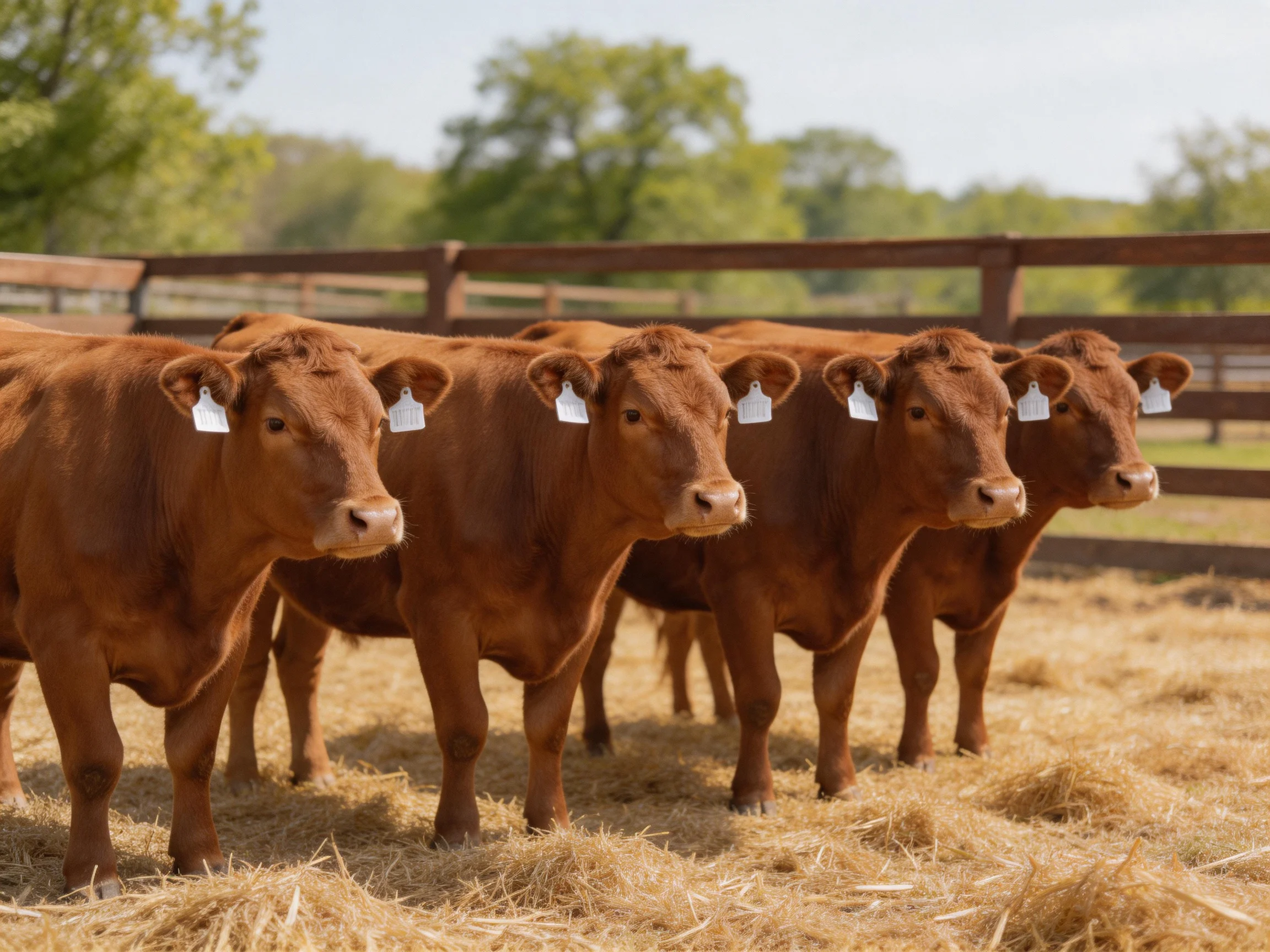 Five reddish - brown cattle gather in a fenced enclosure with straw