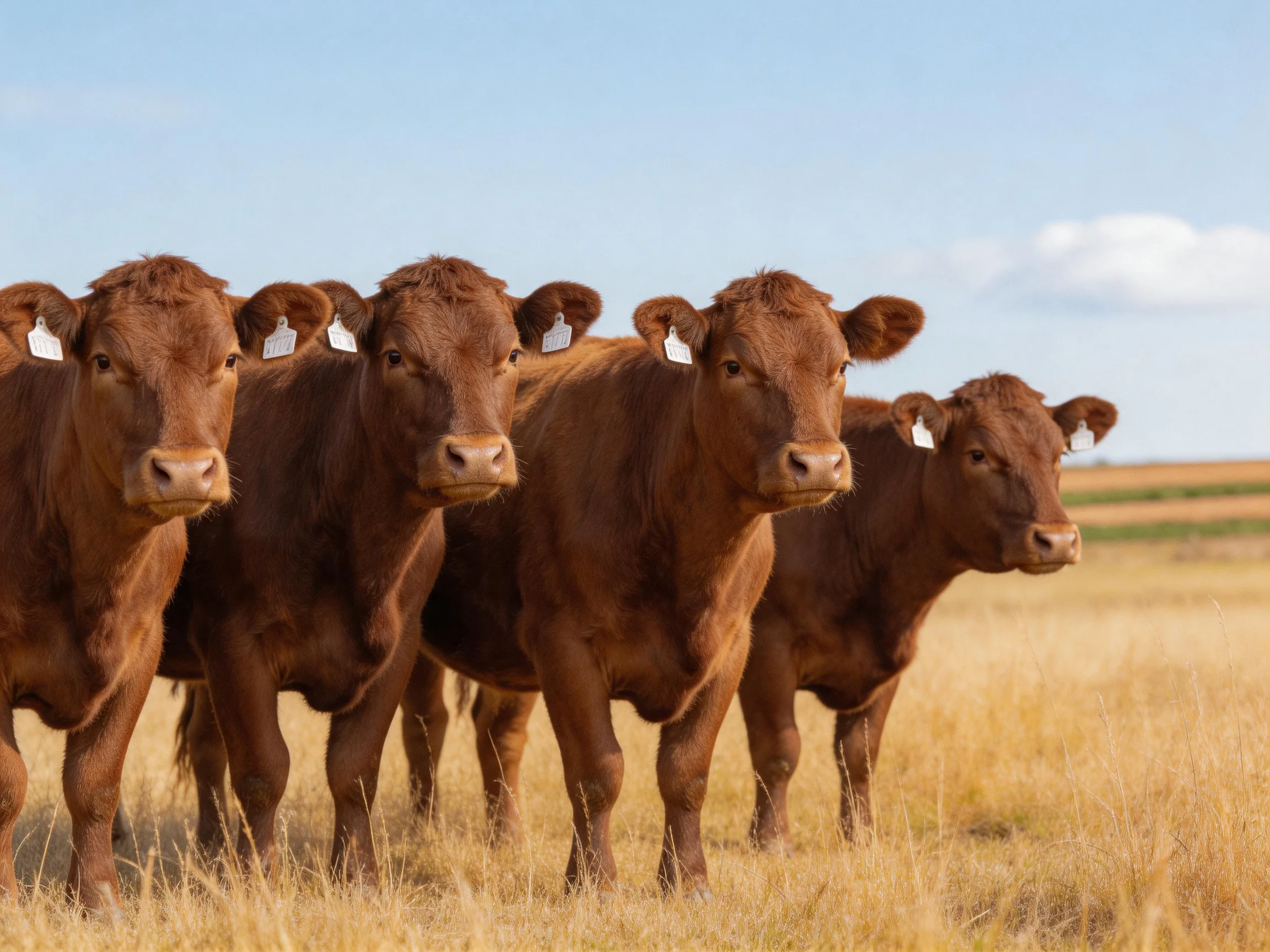 Five reddish-brown cattle gather in a sunlit golden pasture