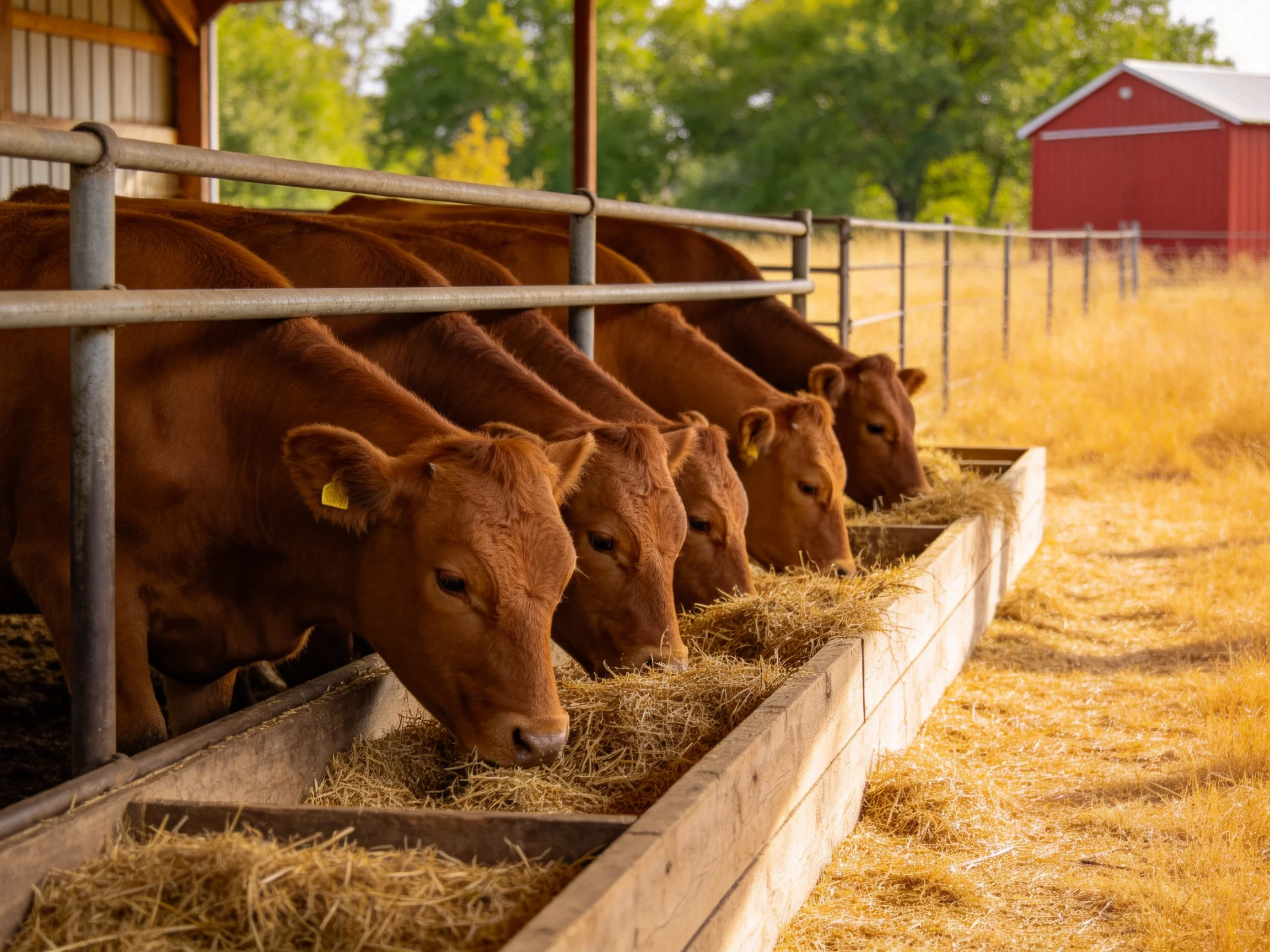 Five reddish-brown cows eat hay from a wooden trough near a red barn