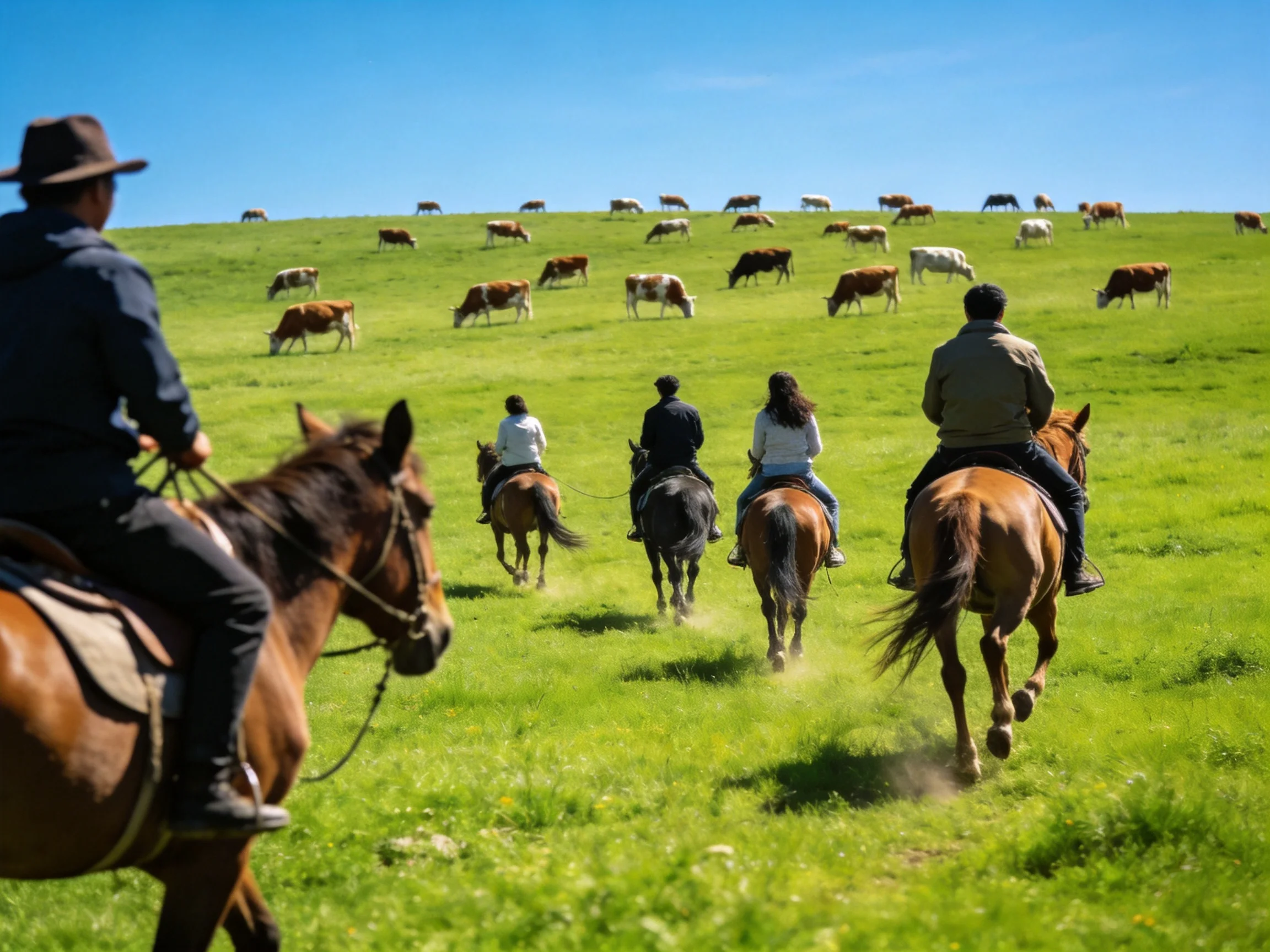 Five riders on brown horses traverse a lush green hillside with grazing cattle