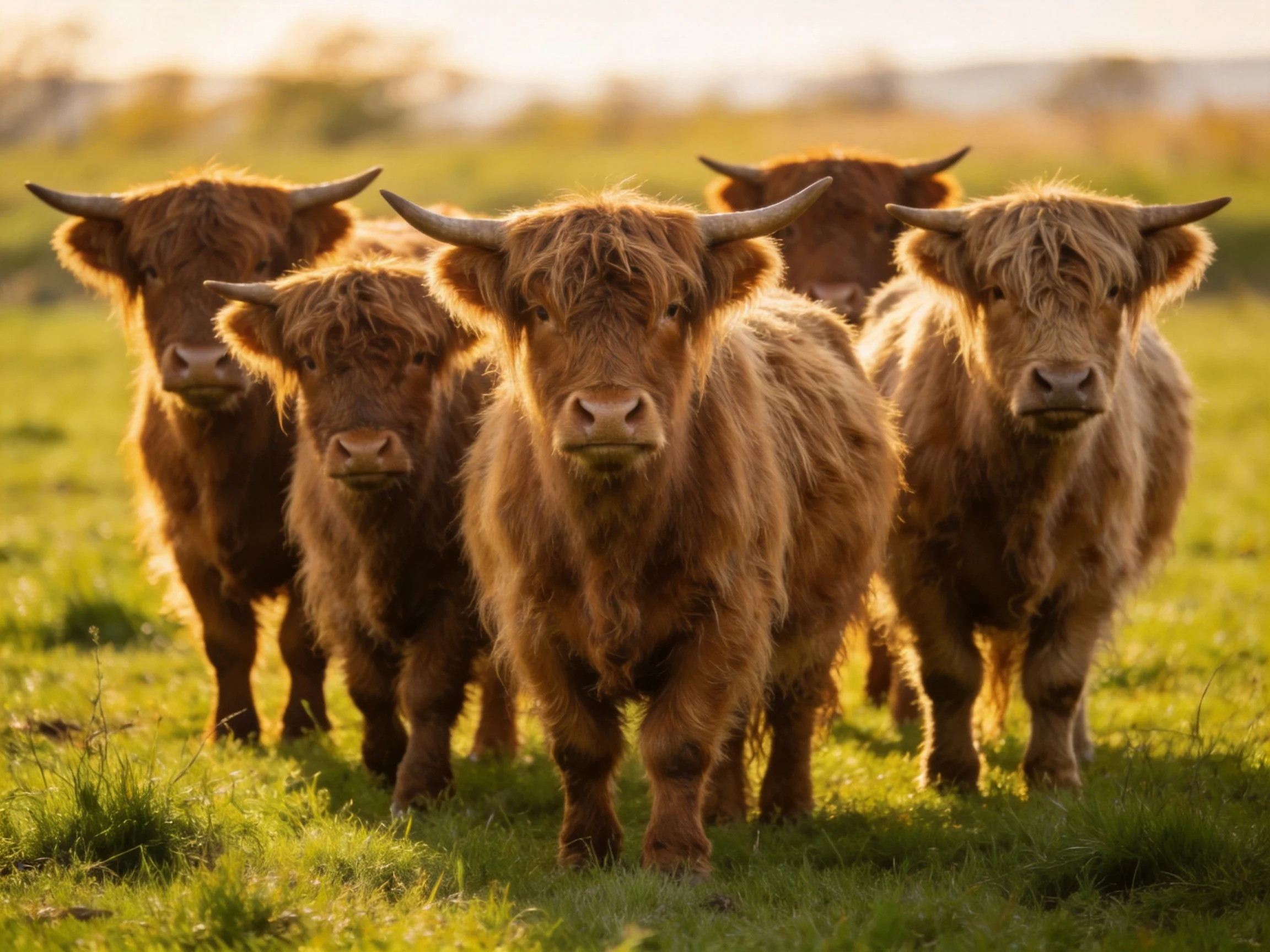 Five shaggy brown Highland cattle gather in a sunlit green pasture