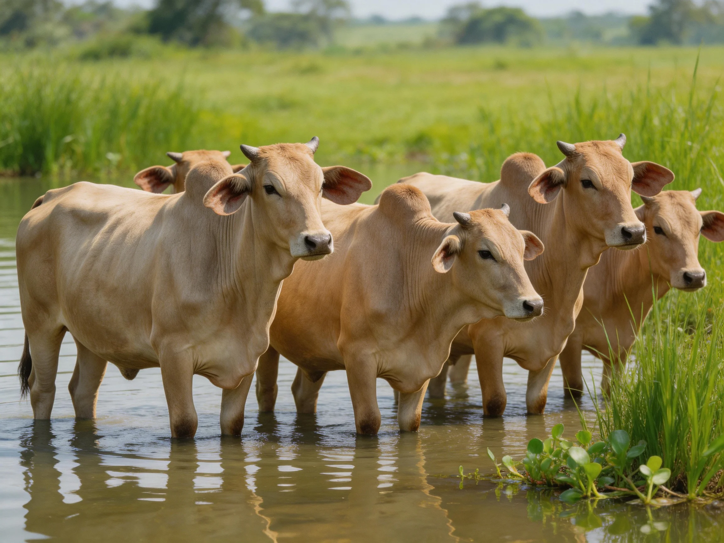 Five tan cattle wade through shallow muddy water near lush green fields