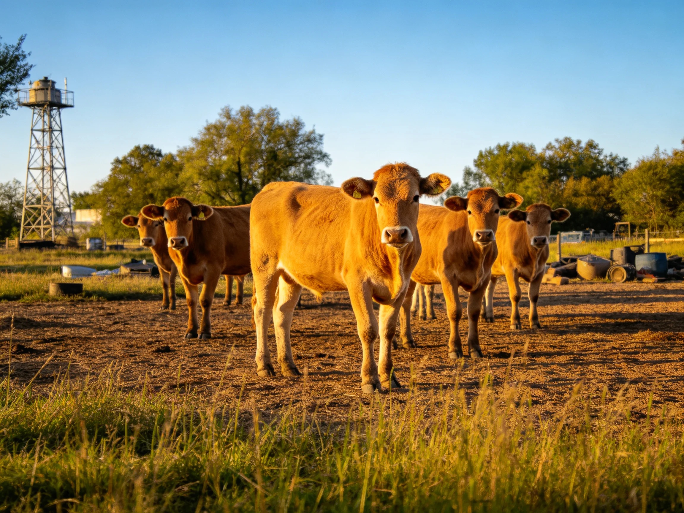 Five tan cows gather in a sun-drenched farmyard with old equipment