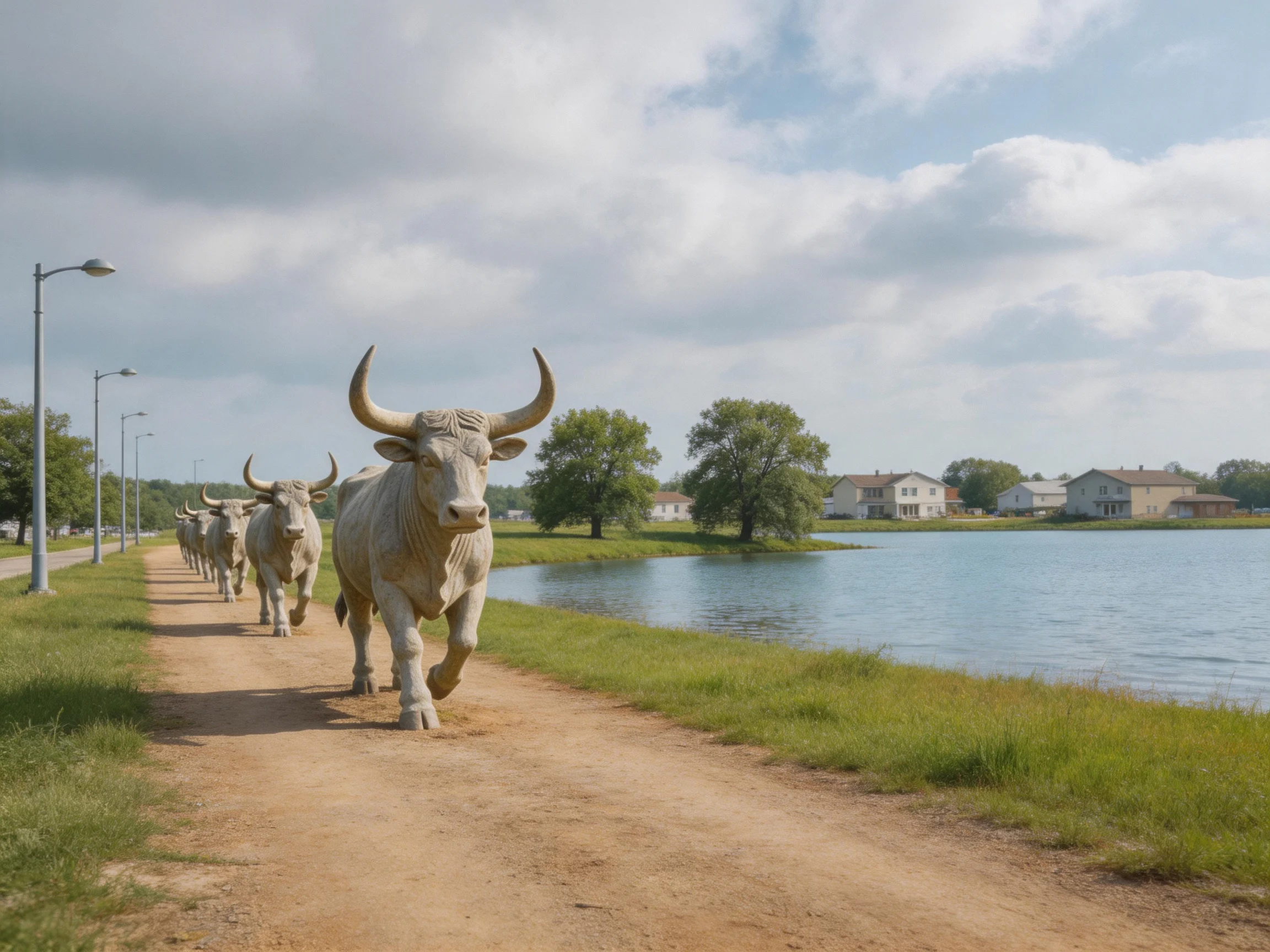 Five white bull statues march along a dirt path beside a lake