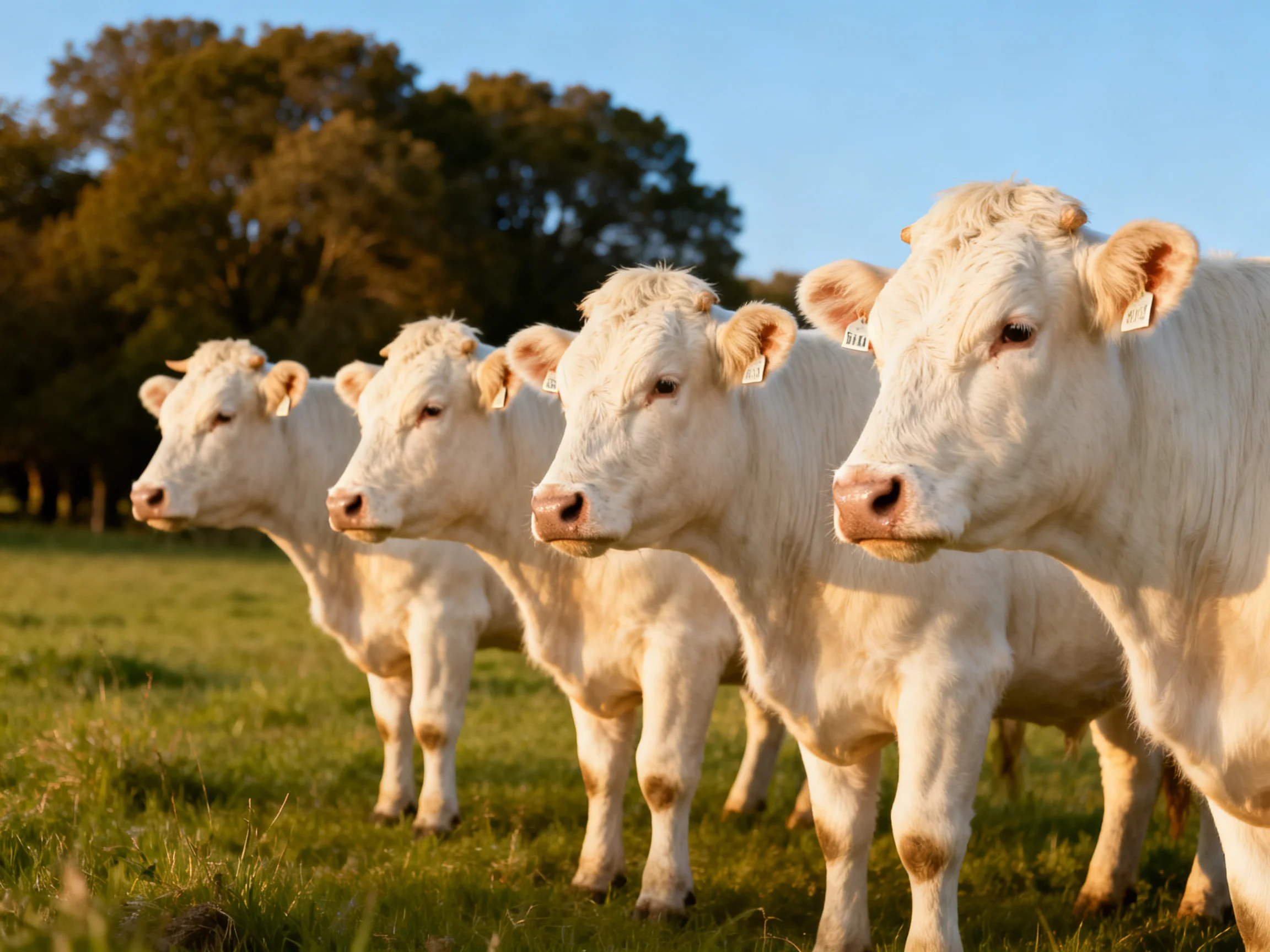 Five white calves stand in a row on a sun-drenched grassy field with trees
