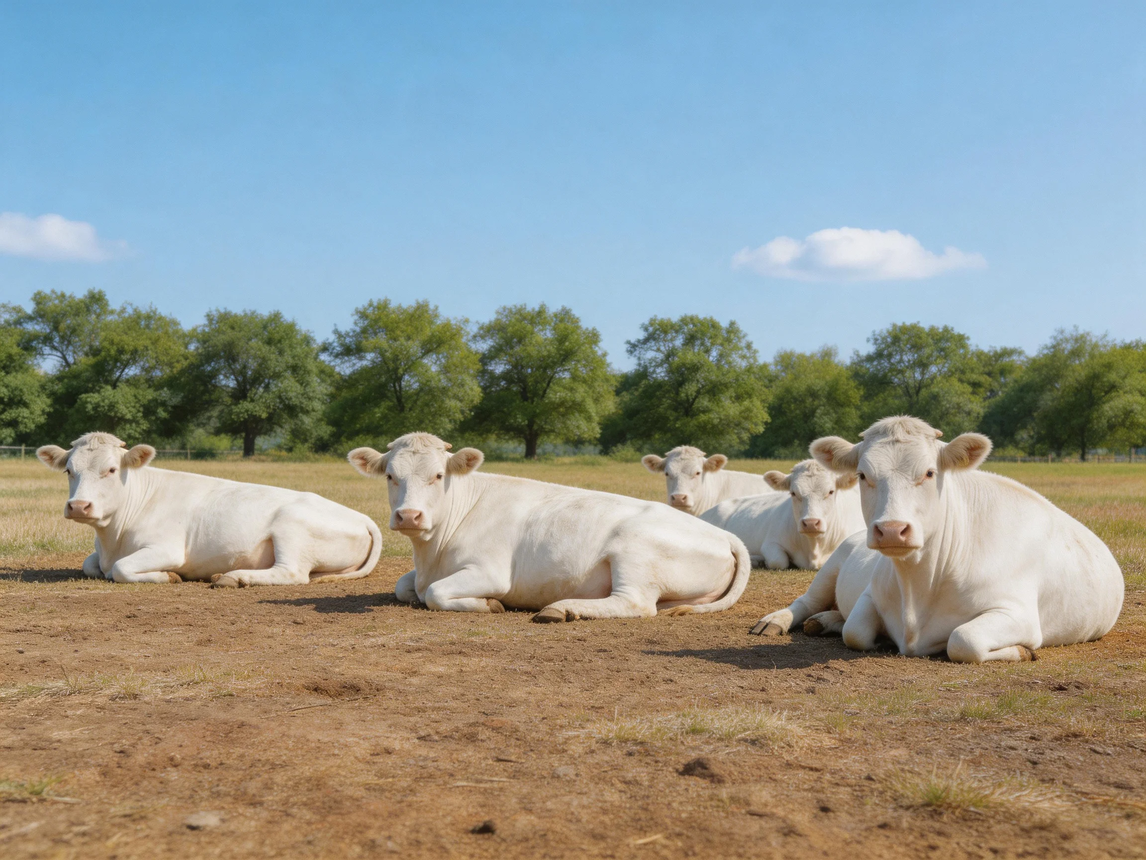 Five white cows resting in a sunny open field